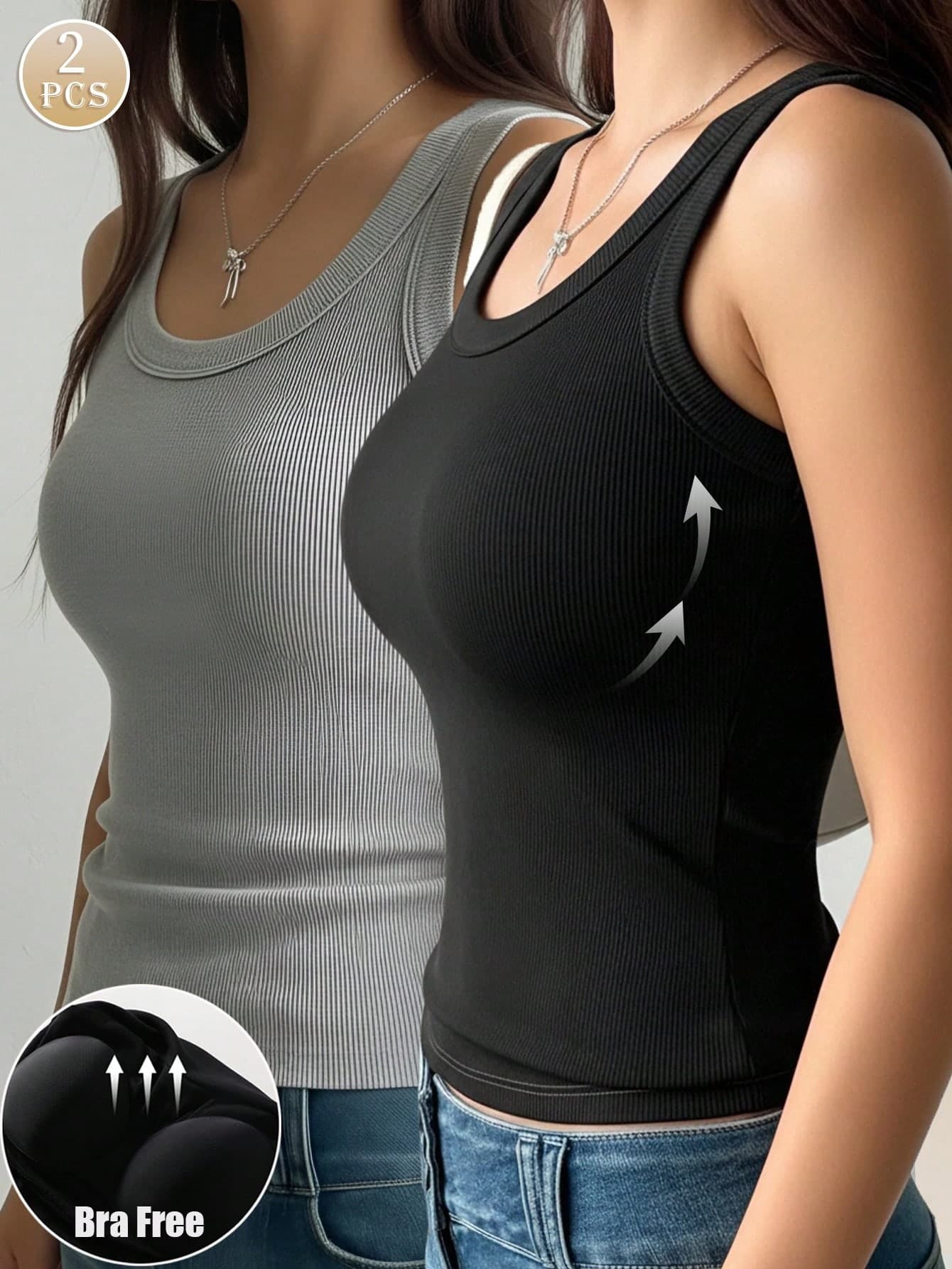 2pcs Women's Basic Casual Comfortable Minimalist Padded Round Neck Camisole Tank Top, Slim Fit Ribbed Solid Color Sleeveless Top