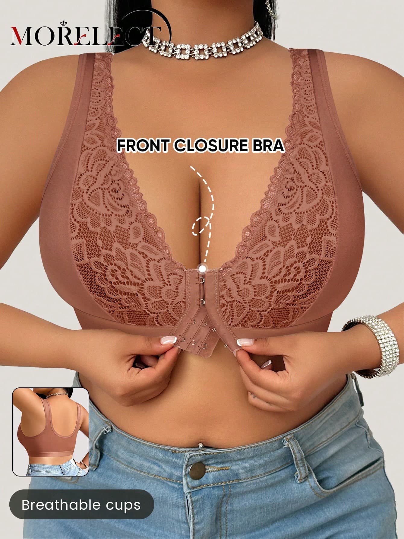 Morelect Plus Size Women Lace Patchwork Front Closure Wireless Bra, Fashionable Jacquard Supportive And Lifting