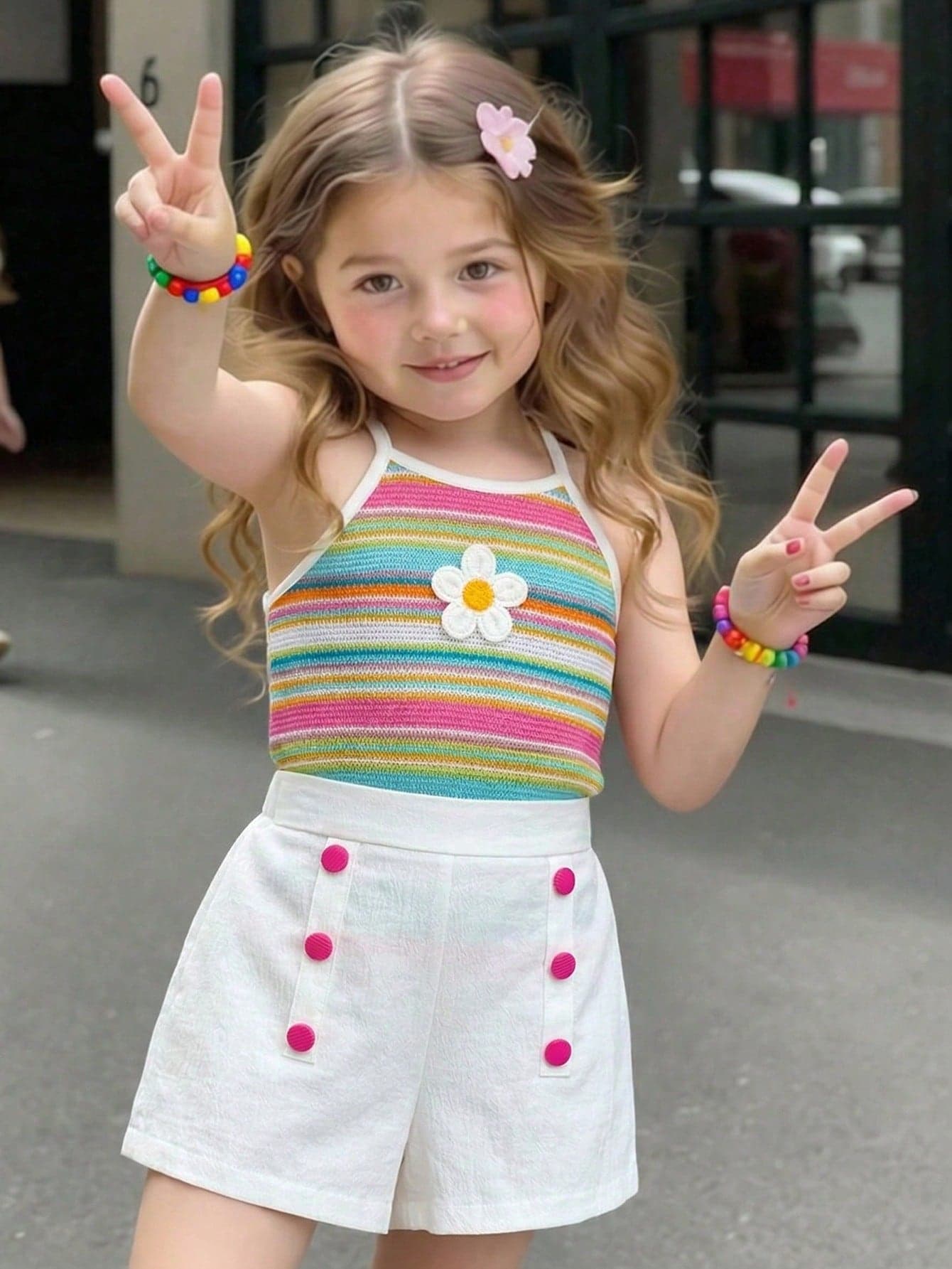 2pcs/Set Young Girl Colorful Striped Knit Camisole Top And Contrast Button White Shorts, Floral Decor Collar, Fresh And Lively Style, Bright Color Matching, Delicate Details, Suitable For Spring And Summer, Showcasing The Innocent And Cute Charm Of Young Girl