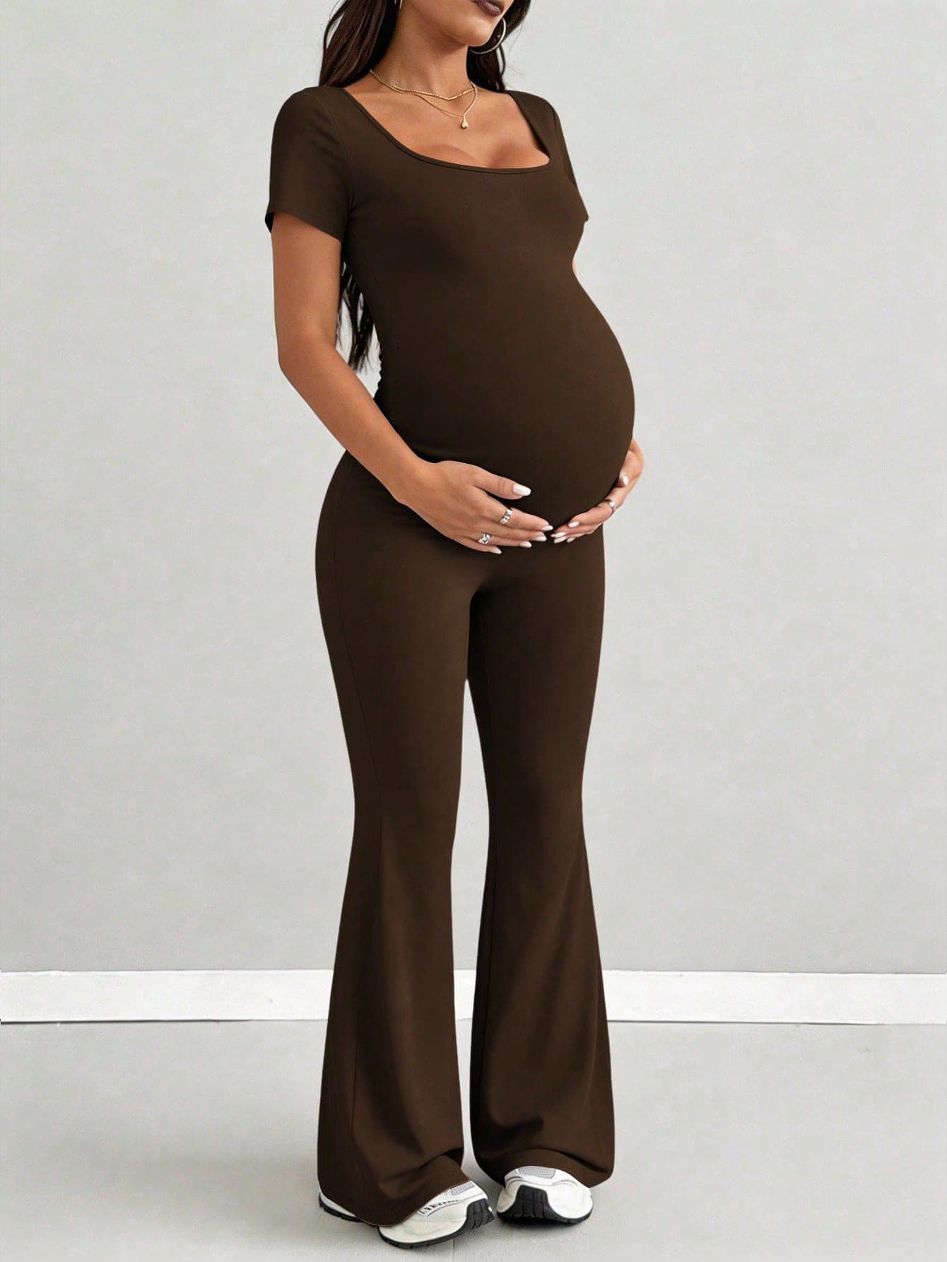 Parara Maternity Short Sleeve Jumpsuit, Tight Fit Casual All-Season Style, Fashion Innerwear, Festival Outfits For Women Brown Summer
