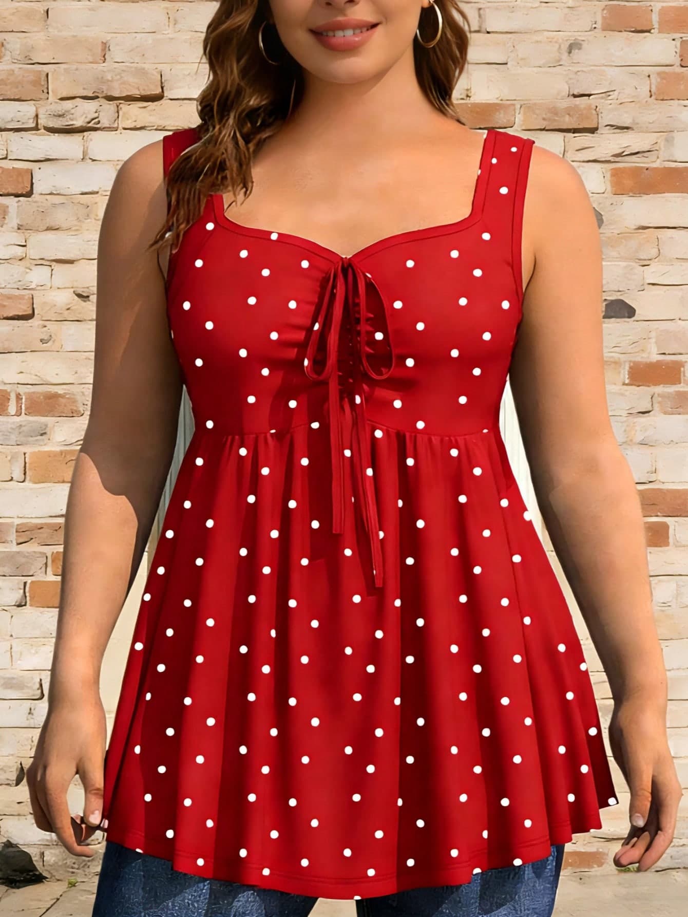 Plus Size Women's Red Polka Dot Camisole, Vintage Knit Fabric, V-Neck, Ruched Bust Design, Wide Strap, Essential For Summer Vacation Casual