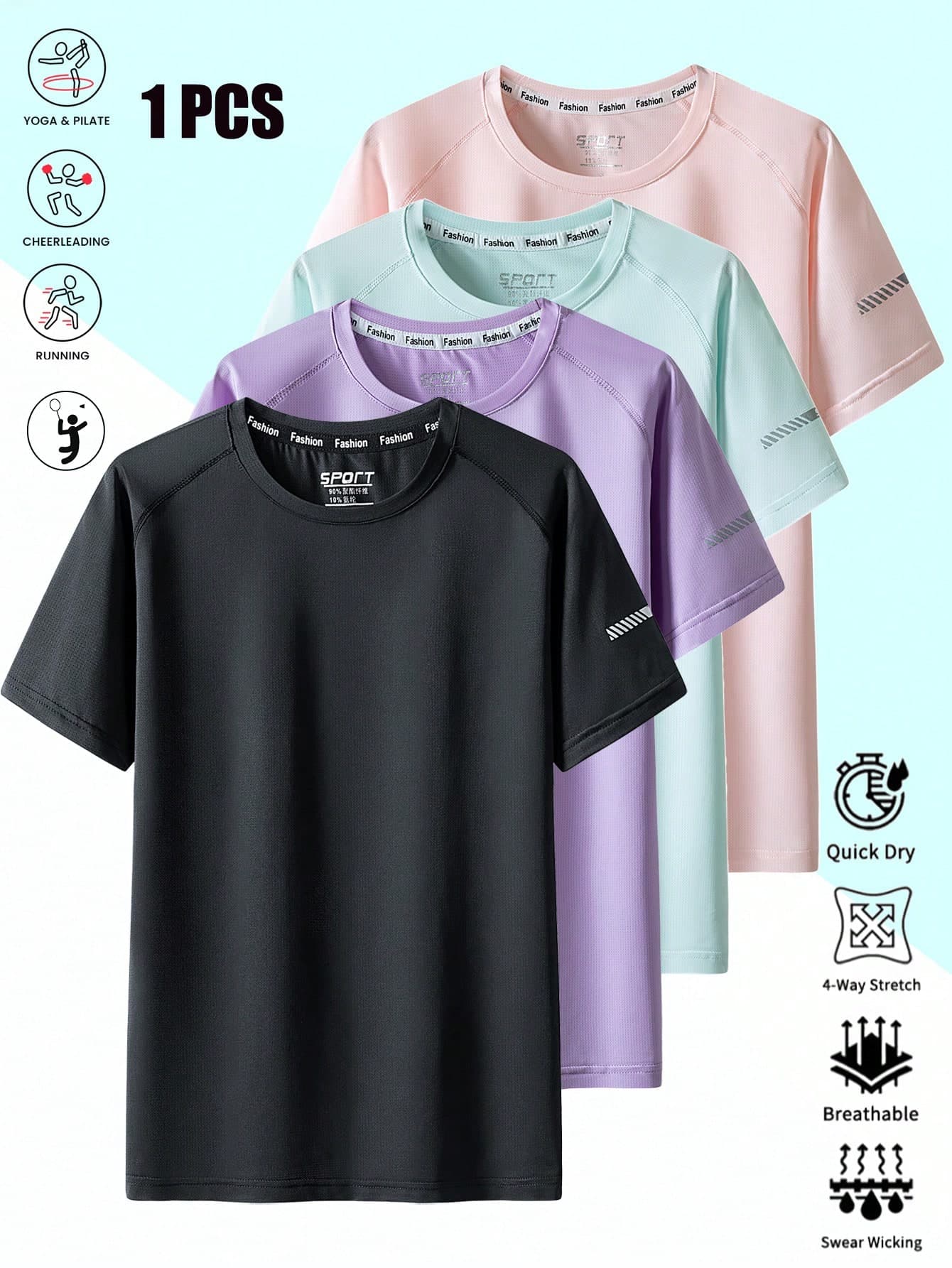 Women's Lightweight Quick-Dry Breathable Short Sleeve Sports T-Shirt, Made Of Elastic Polyester Blended Fabric, Suitable For Spring And Summer, High Color Fastness, Basic Casual Short Sleeve Top. Women's Quick-Dry Stretchy Crew Neck Sports T-Shirt For Summer, Suitable For Fitness Training, Exercise, Running And Gym As Basic Workout Top.