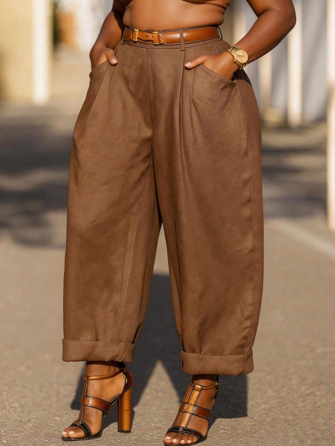 Plus Size Women Vintage Casual Solid Color Pleated Cone Pants, Spring/Summer (Belt Not Included)