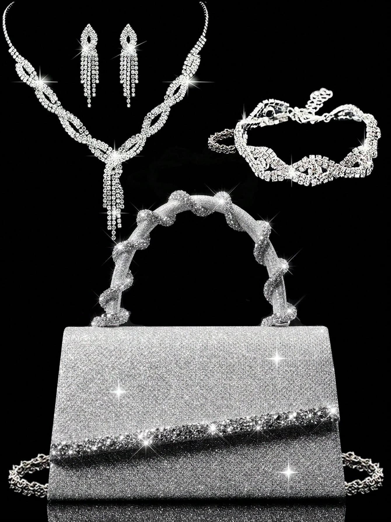 Shiny Women's Clutch Bag, New Rhinestone Evening Bag, Women's Party Bag, Luxury Envelope Bag, Bridal Wedding Bag, Paired With Shiny Rhinestone Jewelry 3 Pieces Set, Rhinestone Necklace, Earrings, Bracelet, Suitable For Party, Evening, Gathering, Ball, Wedding And Other Occasions.
