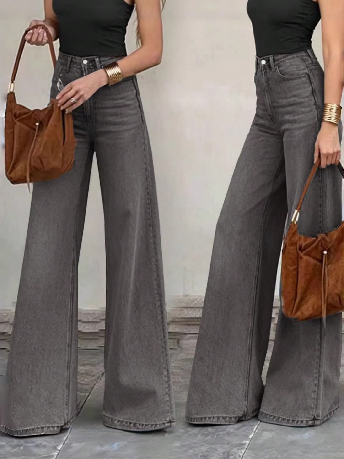 Women's Casual Elegant Wide Leg Jeans, With Pockets And Zipper, Long Length, Medium Stretch, Gray Spring