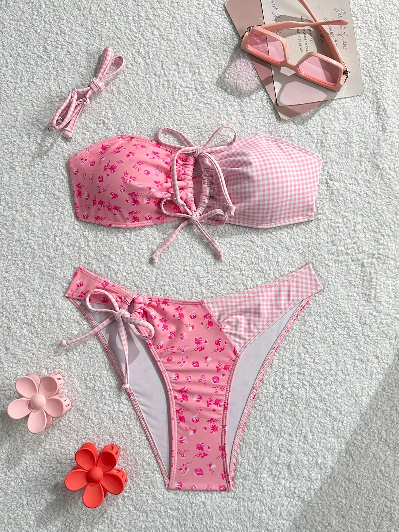 Women's Ditsy Floral Tie Front Casual Beach Party Bikini 2-Piece Set Summer