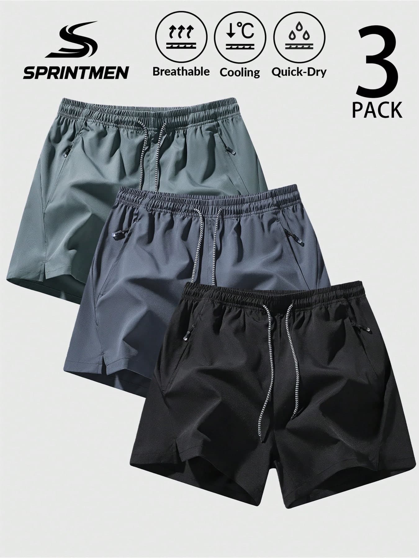 3pcs Men's Sports Shorts, Comfortable Drawstring Elastic Waist, Zipper Pockets, Soft Fabric, Fitness Training Shorts, Outdoor Functional Style, Machine Washable, Suitable For Summer Gym, Running, Training, Casual Wear