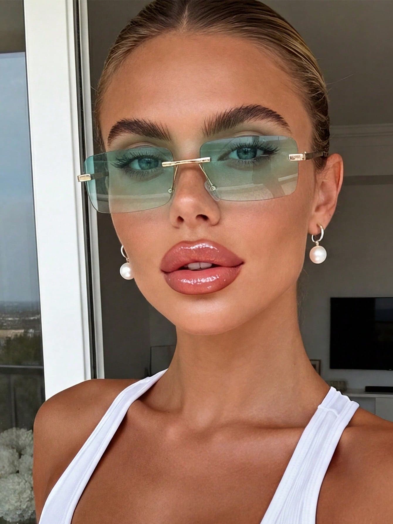 1 Pair Unisex Frameless Rectangular Metal Gradient Green Fashionable Sunglasses, Suitable For Elegant Attire, Travel, Sports Style, Driving, Holiday Outfits, Beach, Music Festivals, Outings, Summer Accessories, Vacation, Family Outings, UV Protection, Golf, Hiking, Street Style, Sports, Parties, Outdoor Activities, Fishing, Holidays, Sun Protection, Vacation