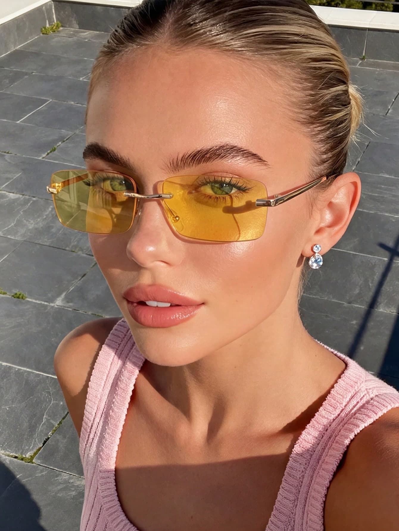 1 Pair Women's Rimless Metal Vintage Light Yellow Sunglasses, Suitable For Sports, Travel, Electronic Music Festival, Driving, Beach, Outfits, Summer Accessories, Vacation, Family Outings, Golf, Hiking, Elegant Style, Fishing