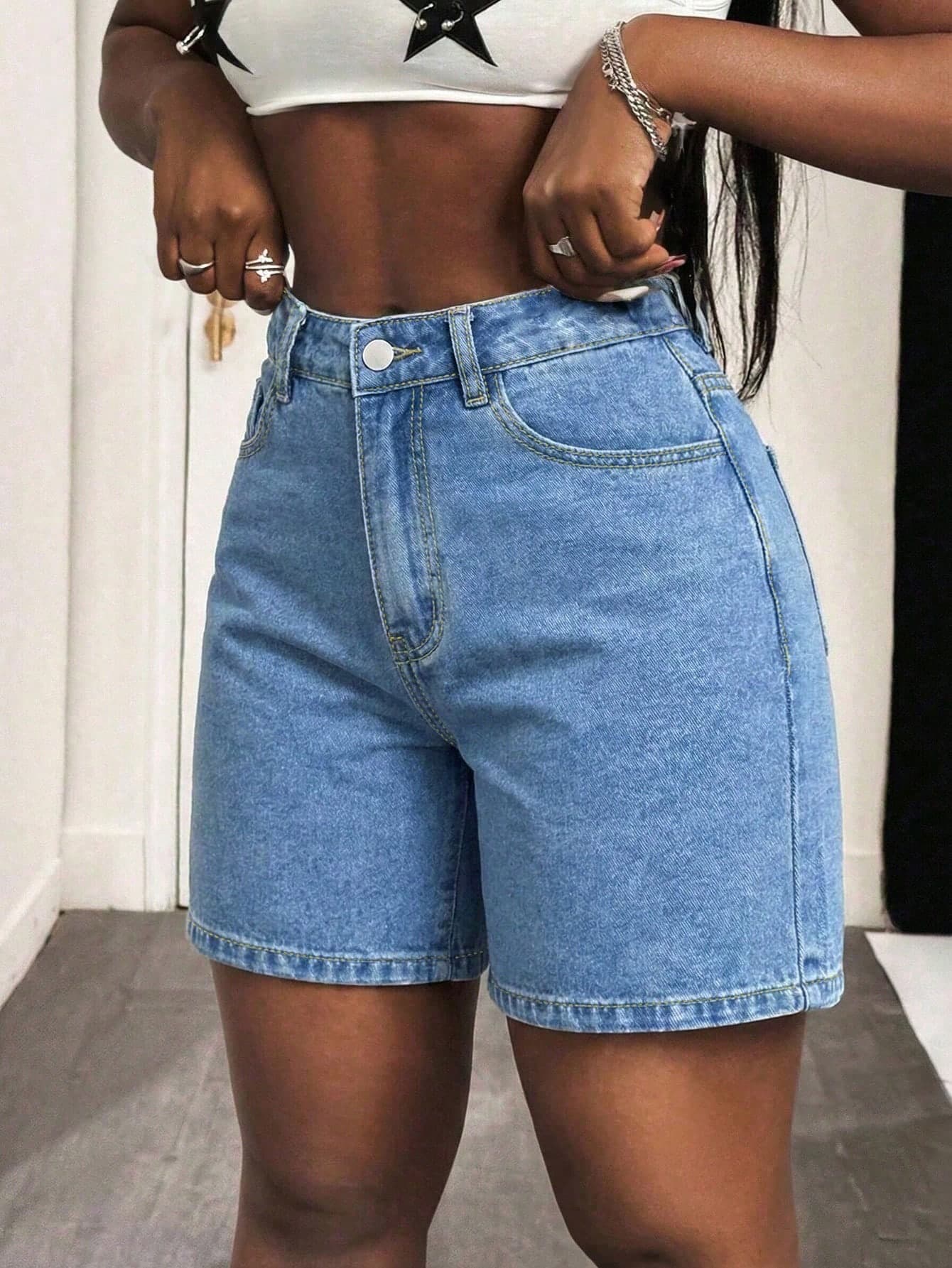 Women's Solid Color Versatile Loose Straight Bermuda Denim Shorts, Blue Casual Summer
