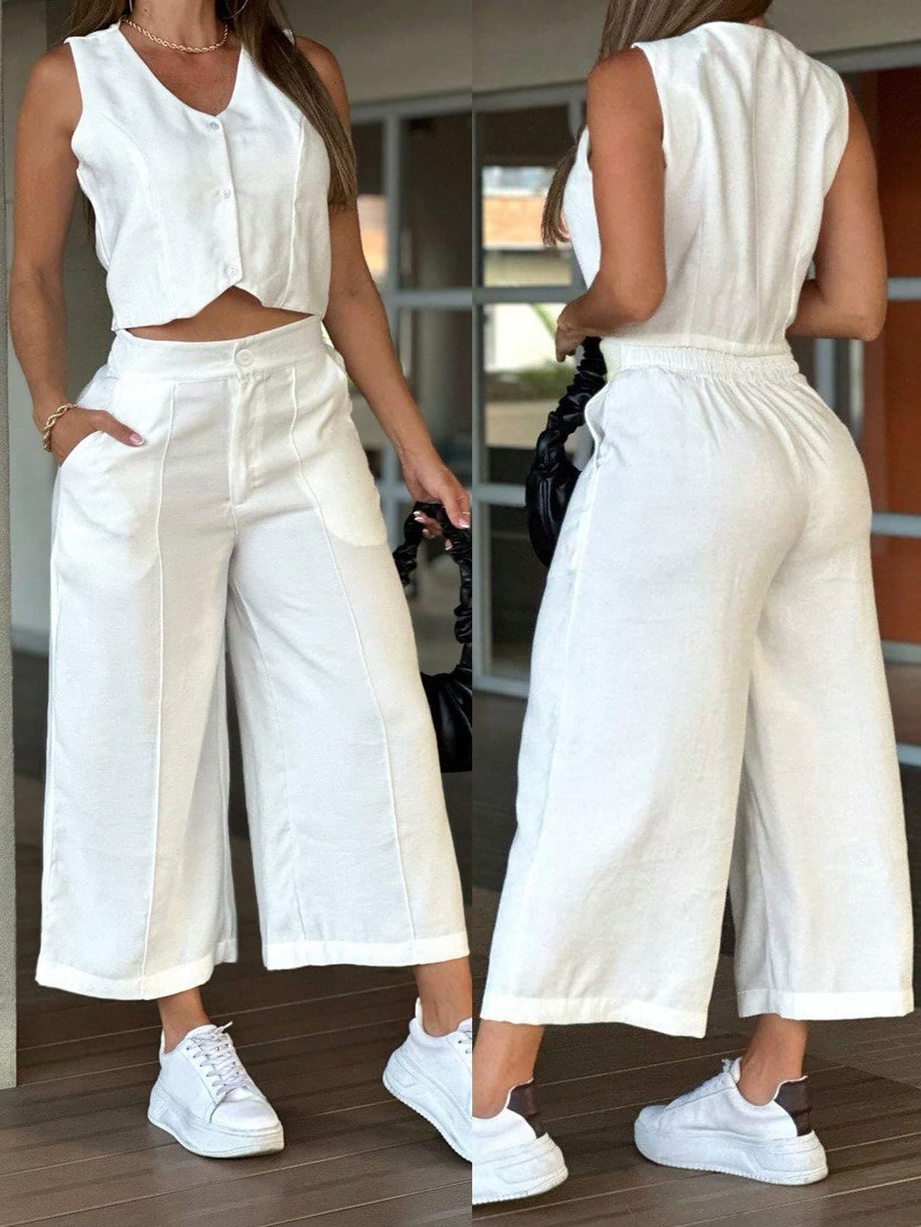 2pcs Women's Casual Set, Cropped Tie-Back Top And Wide Leg Pants, White With Black Trim Summer