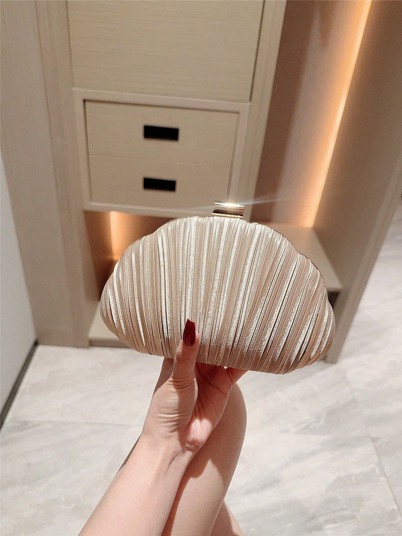 Moonlit Eve Bag - A Champagne Pleated Satin Clutch Bag For Women, Featuring Shiny Leather Box Design, Fashionable And Luxurious Evening Bag, Suitable For Formal Parties, Galas, Balls, And Formal Occasions