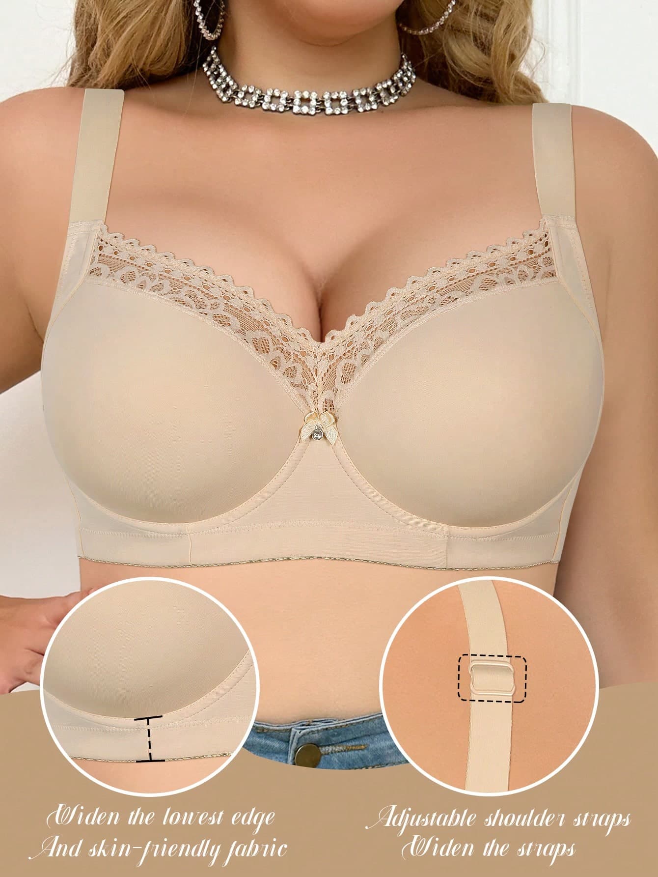 MIMILEMON Beige Lace Plus Size Bra, Comfortable & Versatile, Prevents Sagging