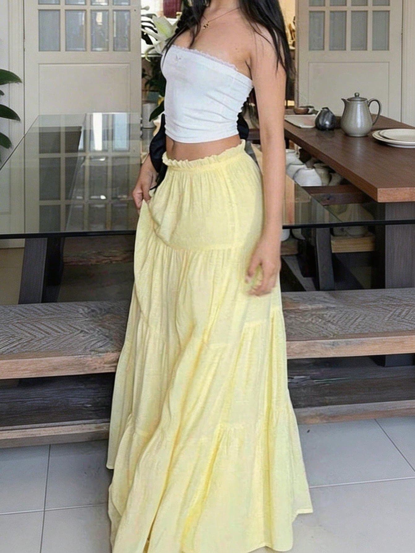 Pale Yellow Pleated Skirt, Casual Elegant Vacation Beach Retro Y2K Style Summer