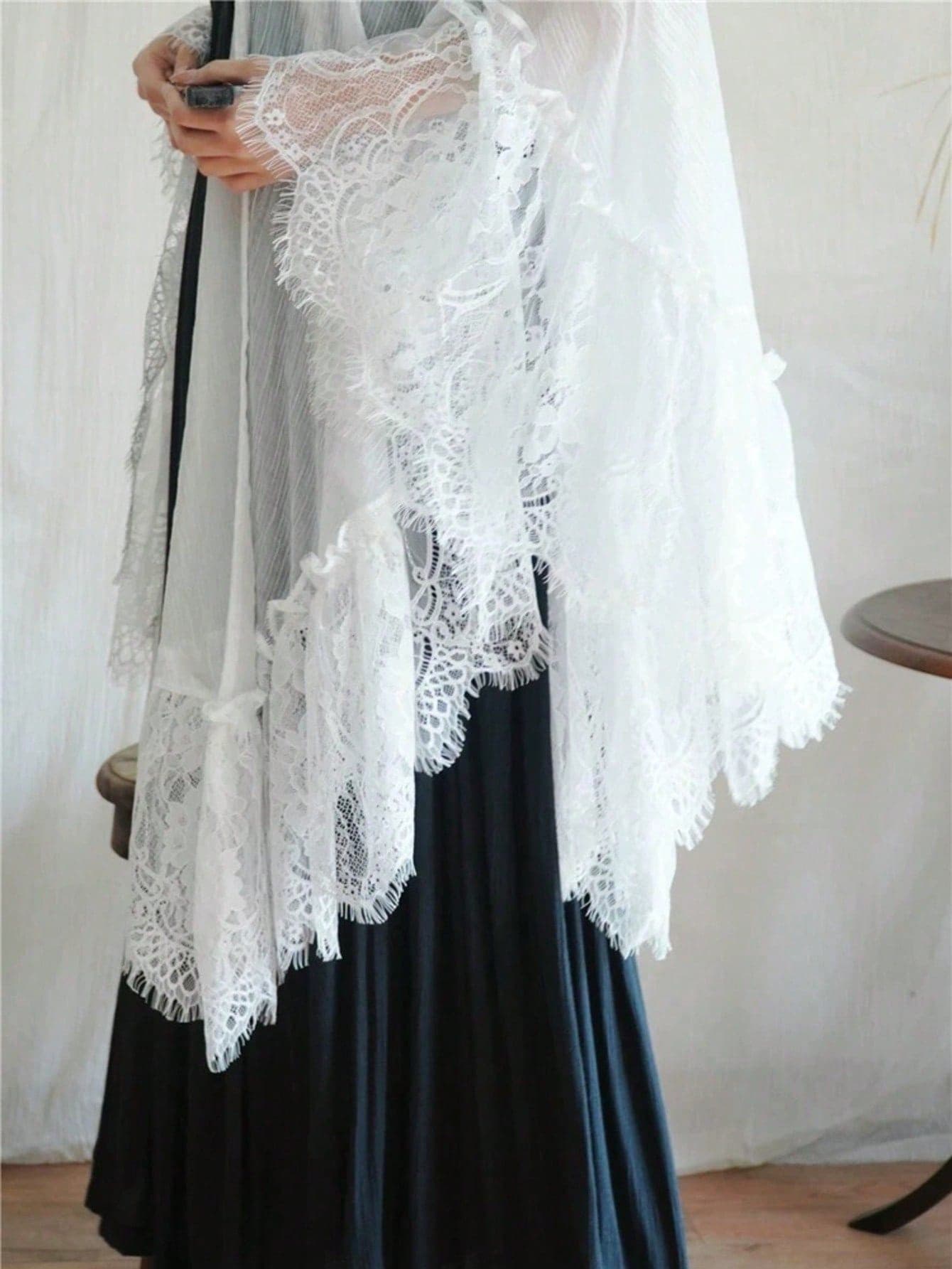 1pc Bohemian Style Solid Color Semi-Transparent Wavy Lace Trim Printed Ruffle Shawl Cover-Up Cover Up