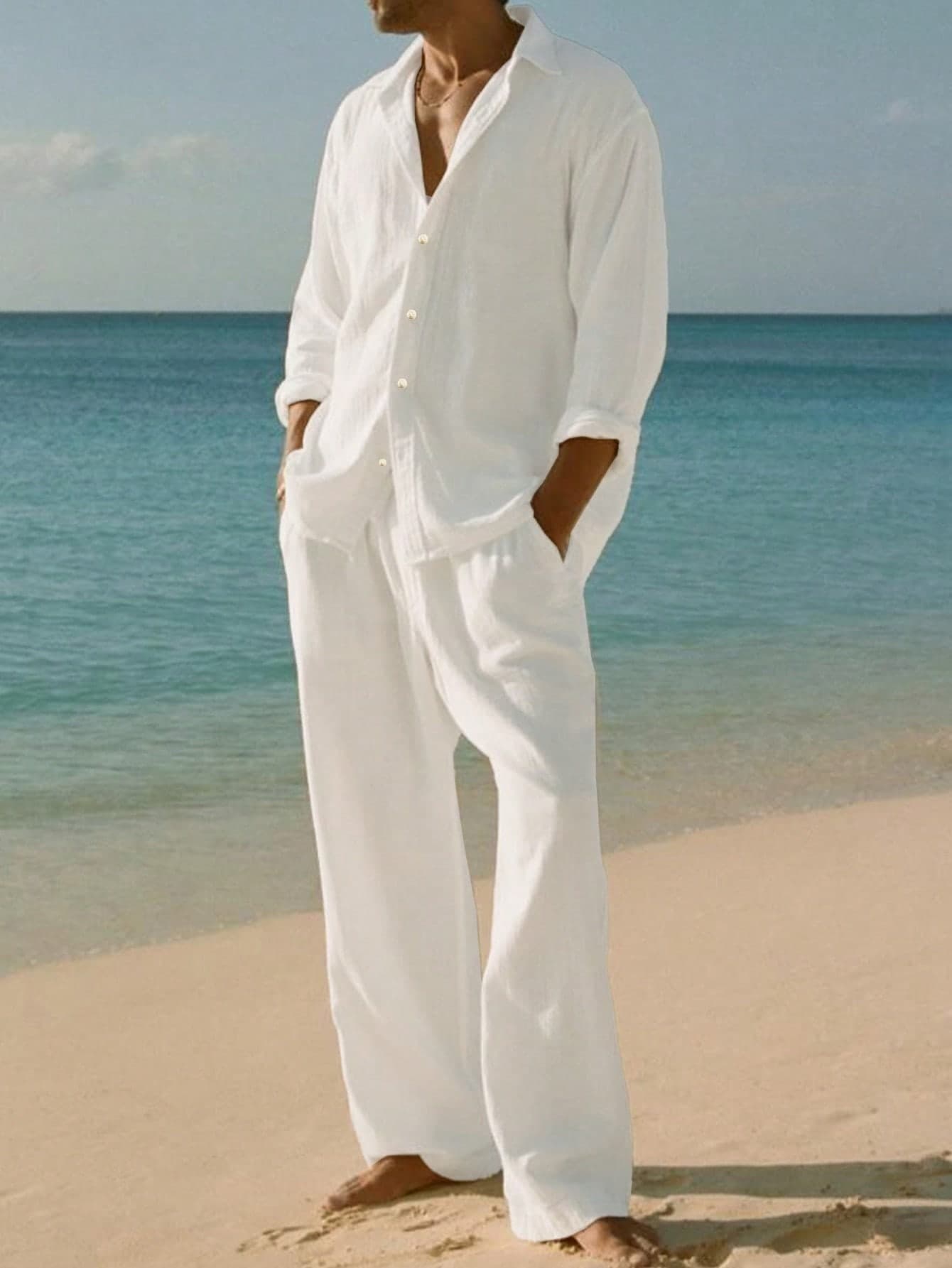 Men's Casual Relaxed Versatile Long Sleeve Full Button-Down Shirt And Solid Color Drawstring Pants 2-Piece Set