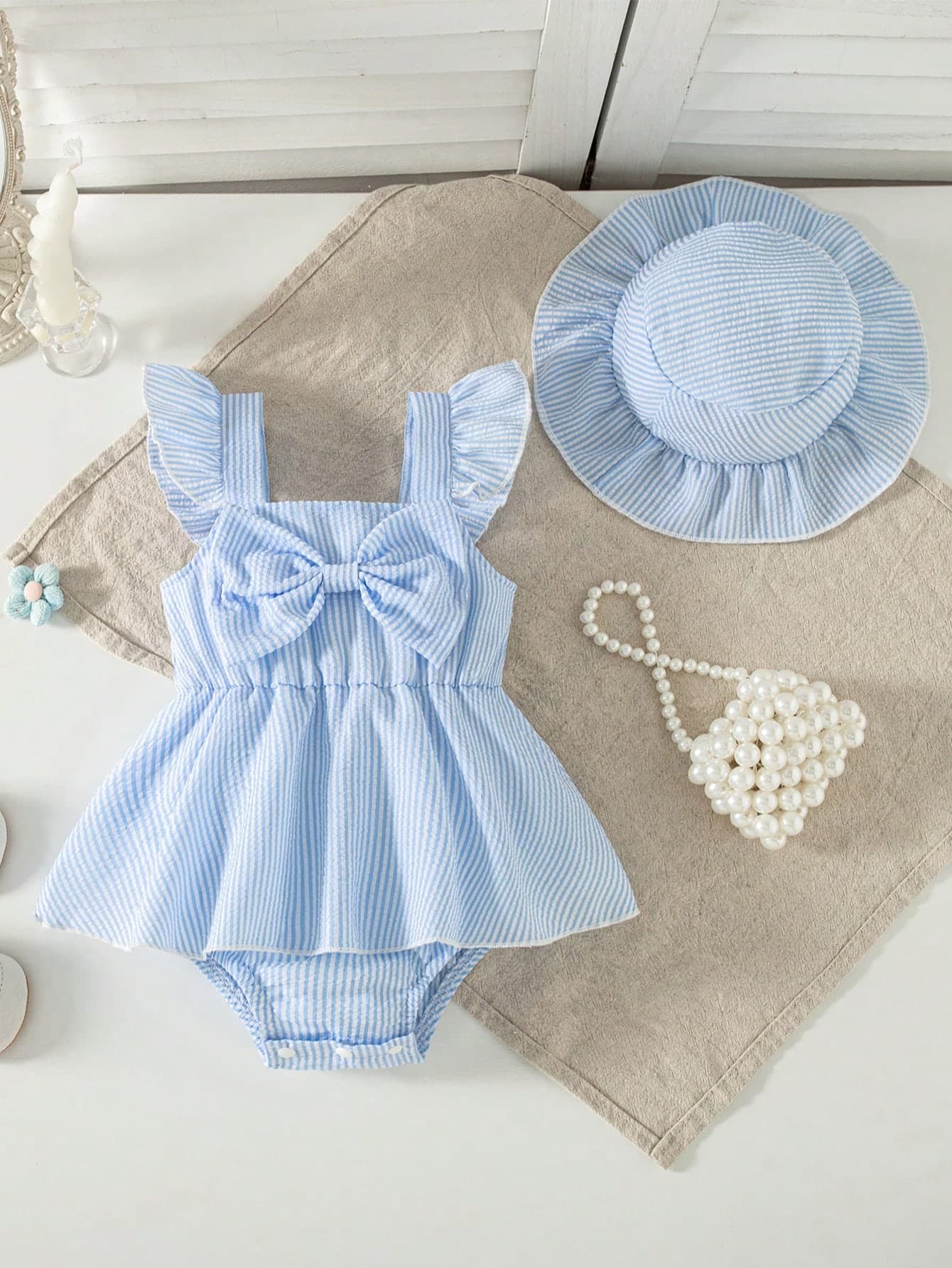 Summer Baby Girls' Striped Romper With Big Bow Decor, Cap Sleeve Bib Overall, Versatile Outfits For Infants, With Sun Hat, Newborn Summer Clothing Gift