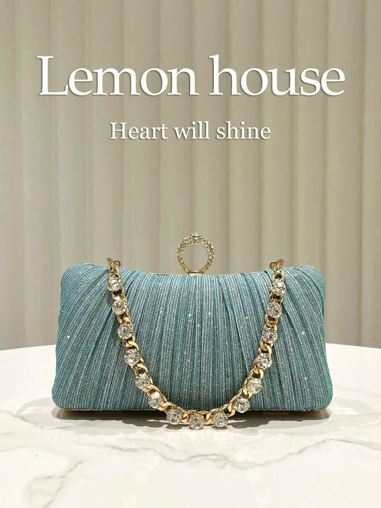 1pc Mint Green Shiny Pleated Elegant Small Clutch Bag, Formal Dress Bag With Rhinestone Chain, Fashion Clutch Purse For Evening Party, Wedding, Banquet, Suitable For Ladies