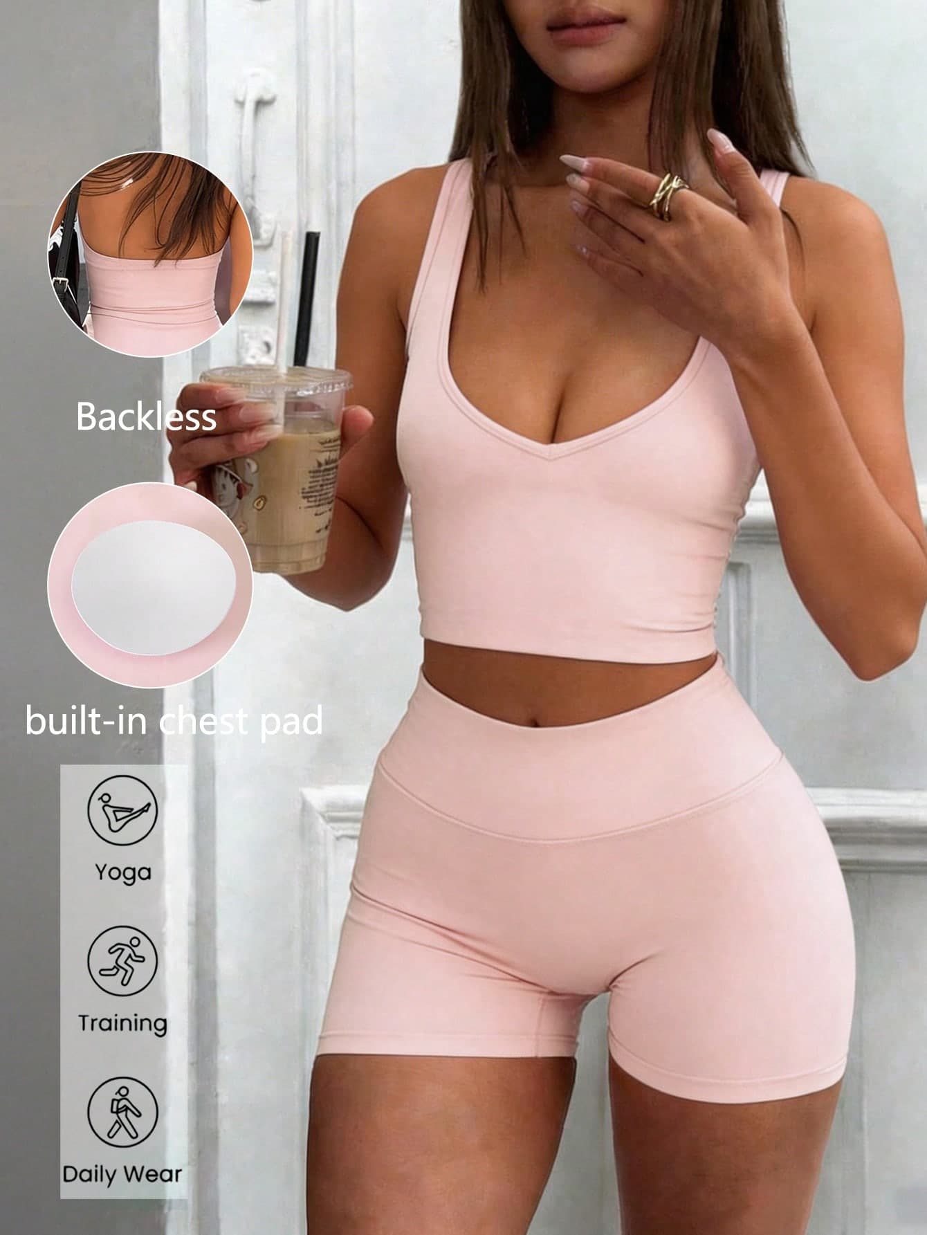 GAOVOT Women's Summer 2 Pieces Sexy V-Neck Halter Top And High-Waisted Shorts Set, Suitable For Yoga, Fitness, Running, Pilates And Gym Pink Elegant
