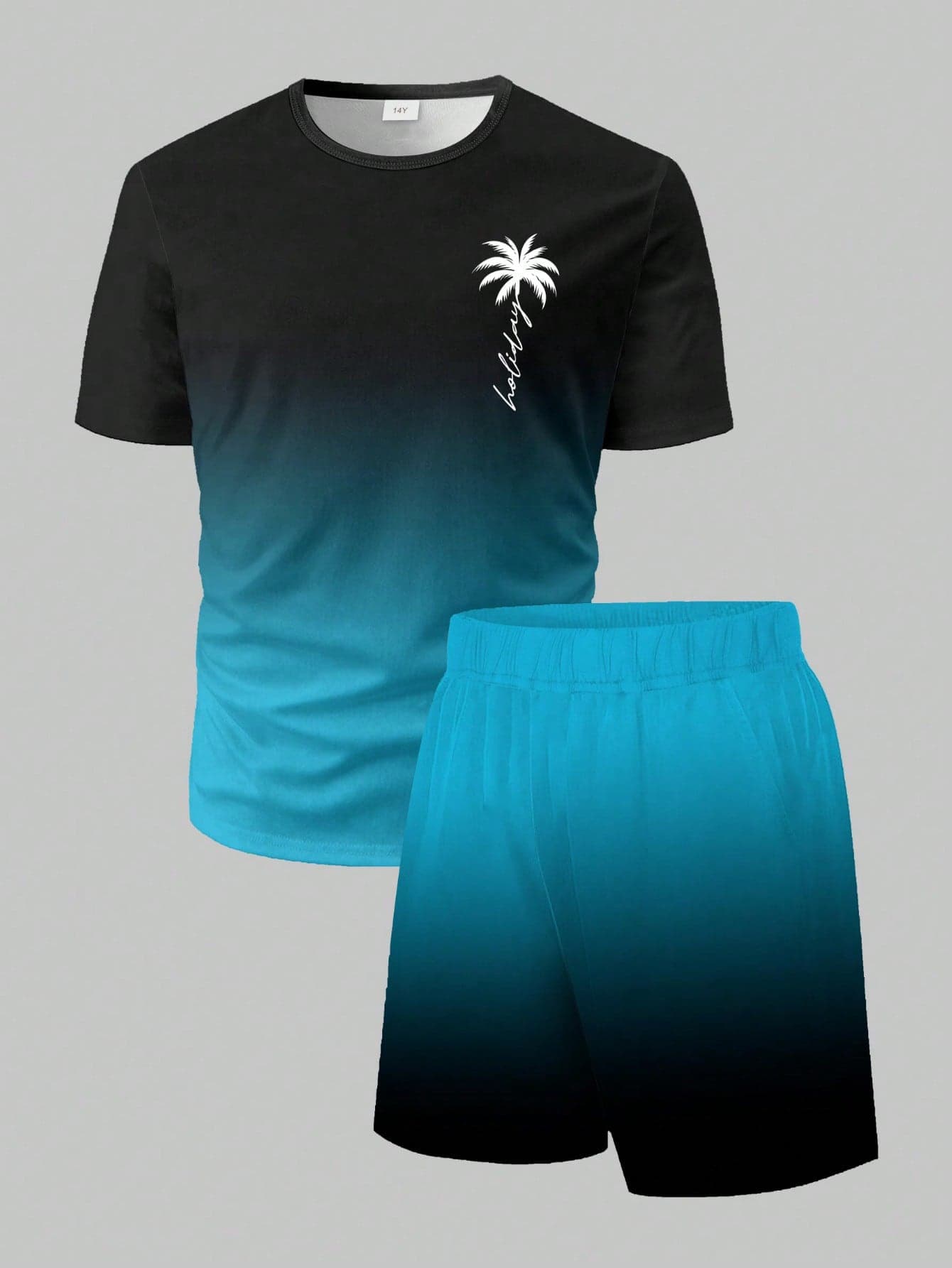 Purechapter 2pcs/Set Teen Boy Summer Ombre Minimalist Palm Tree & Letter Print Short Sleeve T-Shirt And Shorts Set With Pockets, Suitable For Commuting, Outdoor, Vacation, Casual And Sports Wear