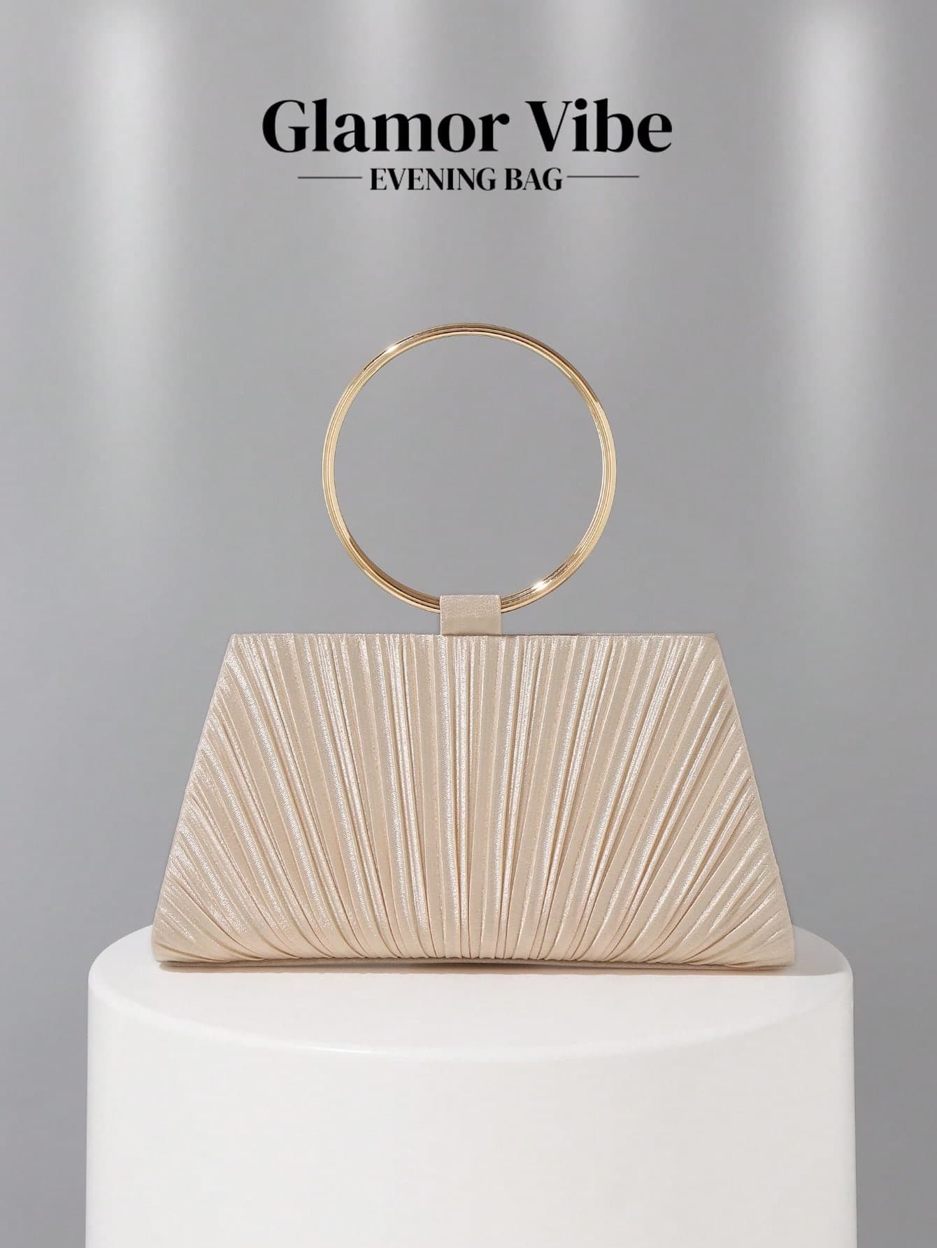 Glamor Vibe Champagne Satin Pleated Clutch Bag With Round Metal Handle, Minimalist Women's Formal Party Handbag Fits Phone, Lipstick, Powder Compact, Keys, Suitable For Party, Wedding, Prom, Formal Dress, Holiday Gift, Pairs Well With Sequin Outfits