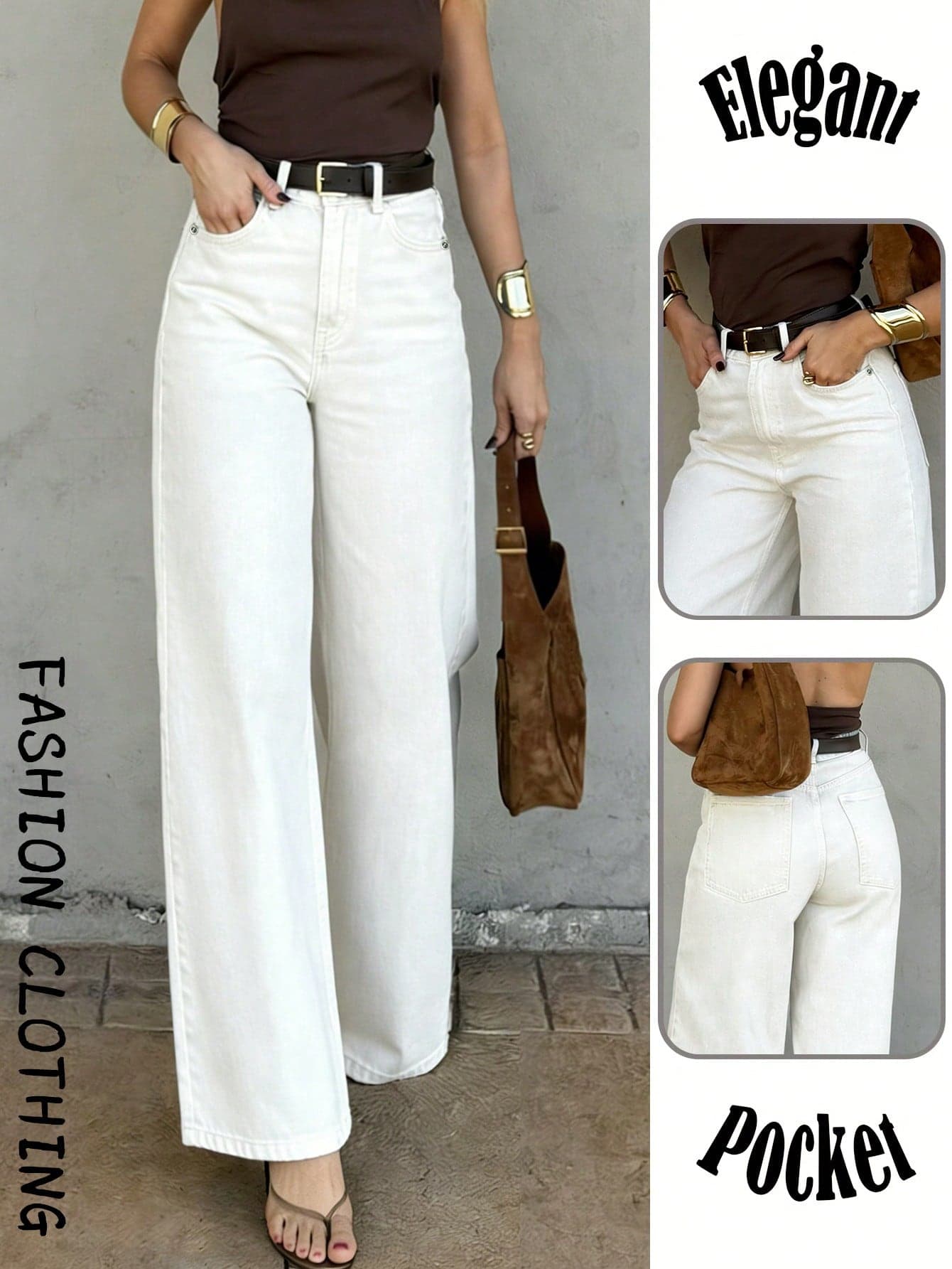 Y2K Vacation Casual Style White Long Leg Jeans, Business Professional Women's Washed Loose Straight Leg Pants, Elegant Vintage, Summer 2026