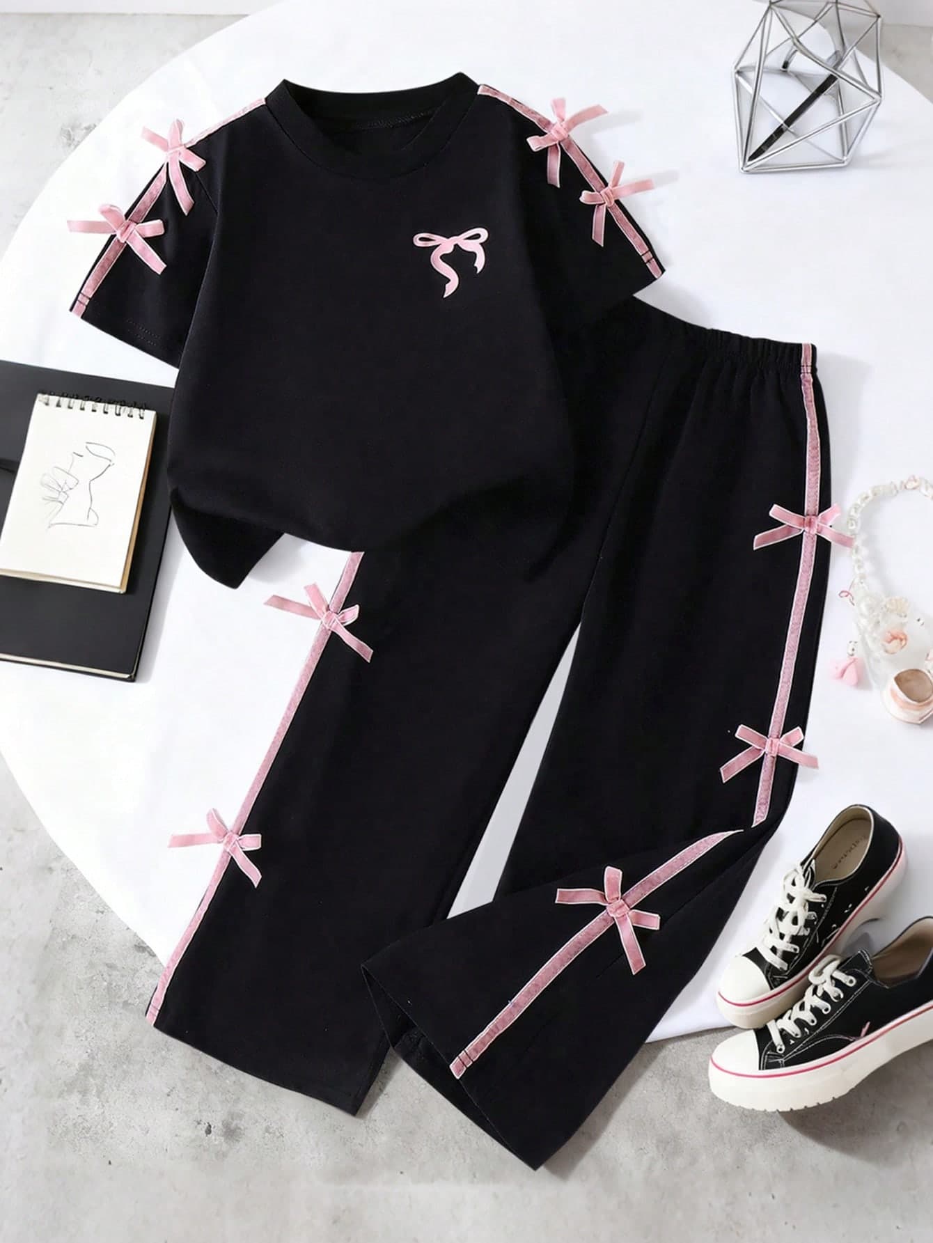 Young Girls' Bow Print Bow Decor Round Neck Short Sleeve Top And Pants Set