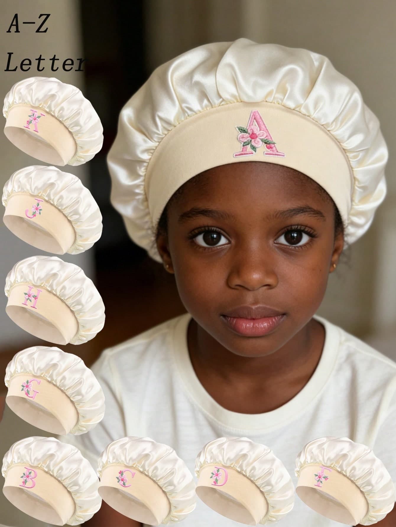 1PC 8-16 Years Kids A-Z Flower Letter Satin Bonnet, Elastic Anti-Slip Hair Protection Cap For All Hairstyles , Sleep Bonnet For Night Hair Care
