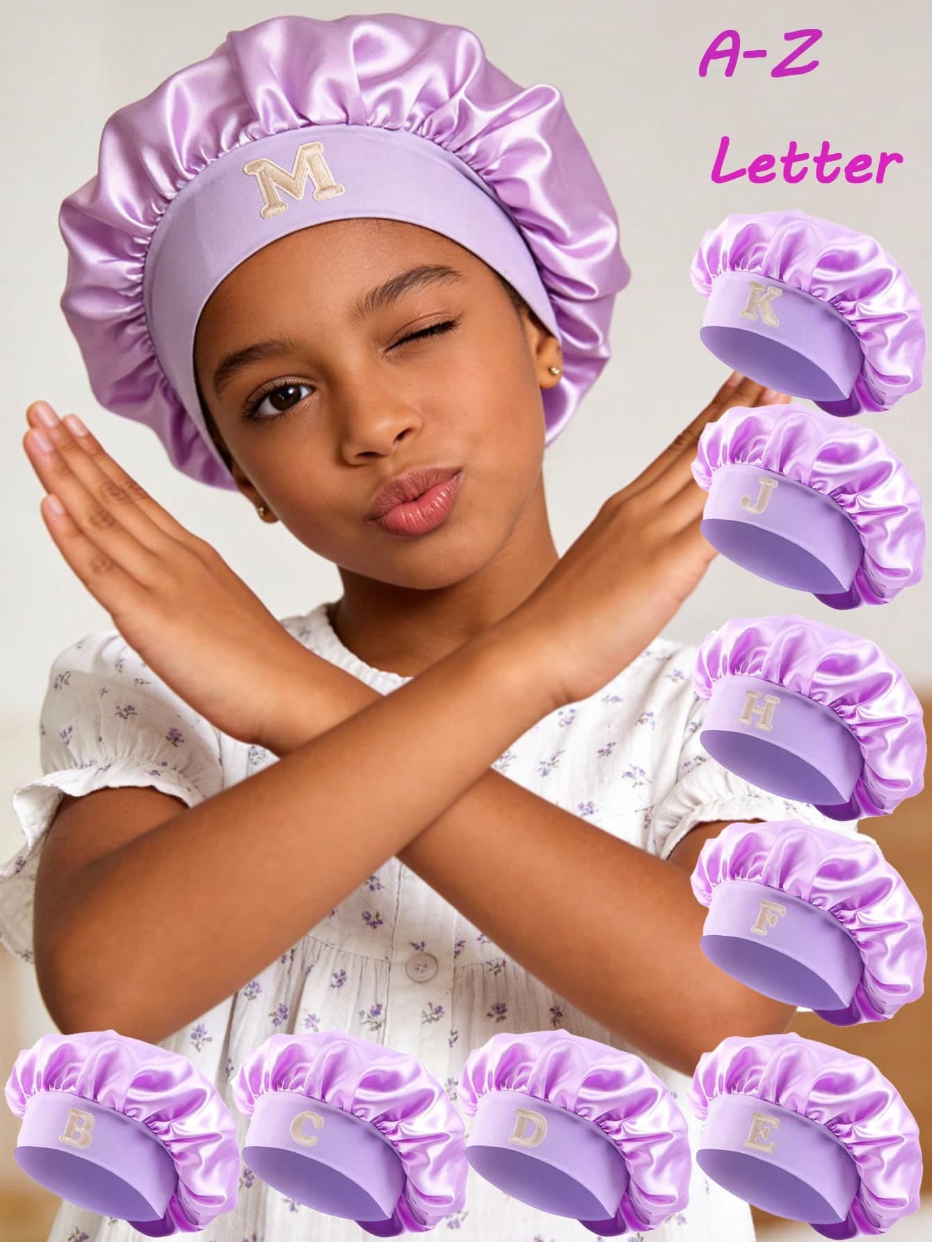 1pc Kids Satin Sleep Cap A-Z Letter Style, Soft & Comfortable Girls Hair Cap, Reusable Curly Hair Care Night Cap Headband