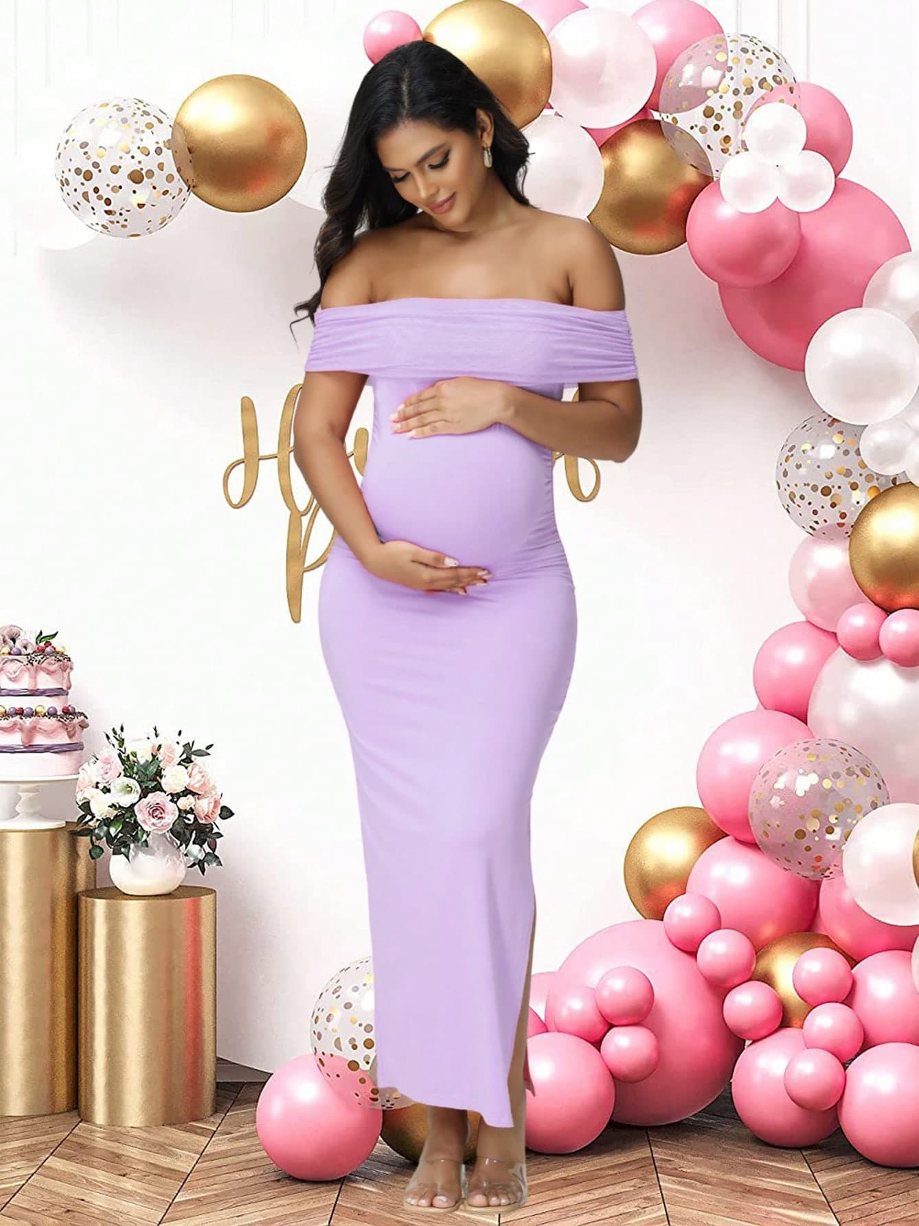 JustVH Maternity Off-Shoulder Mesh Elegant Summer Sleeveless Dress, Suitable For Baby Shower Photography
