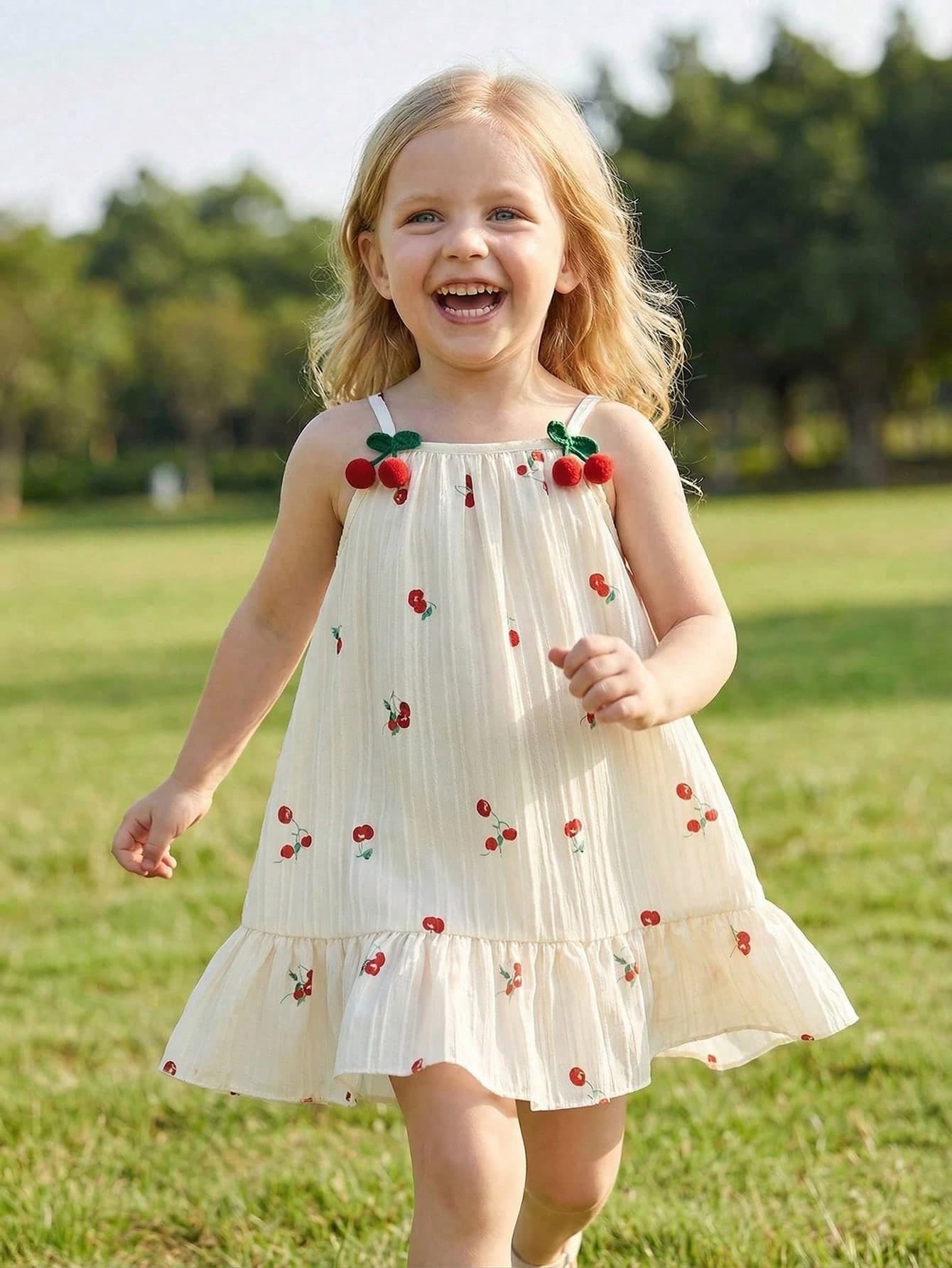 Young Girls Cherry 3D Floral Camisole Dress, Cute & Comfortable Versatile Princess Dress, Summer Beach Holiday Style
