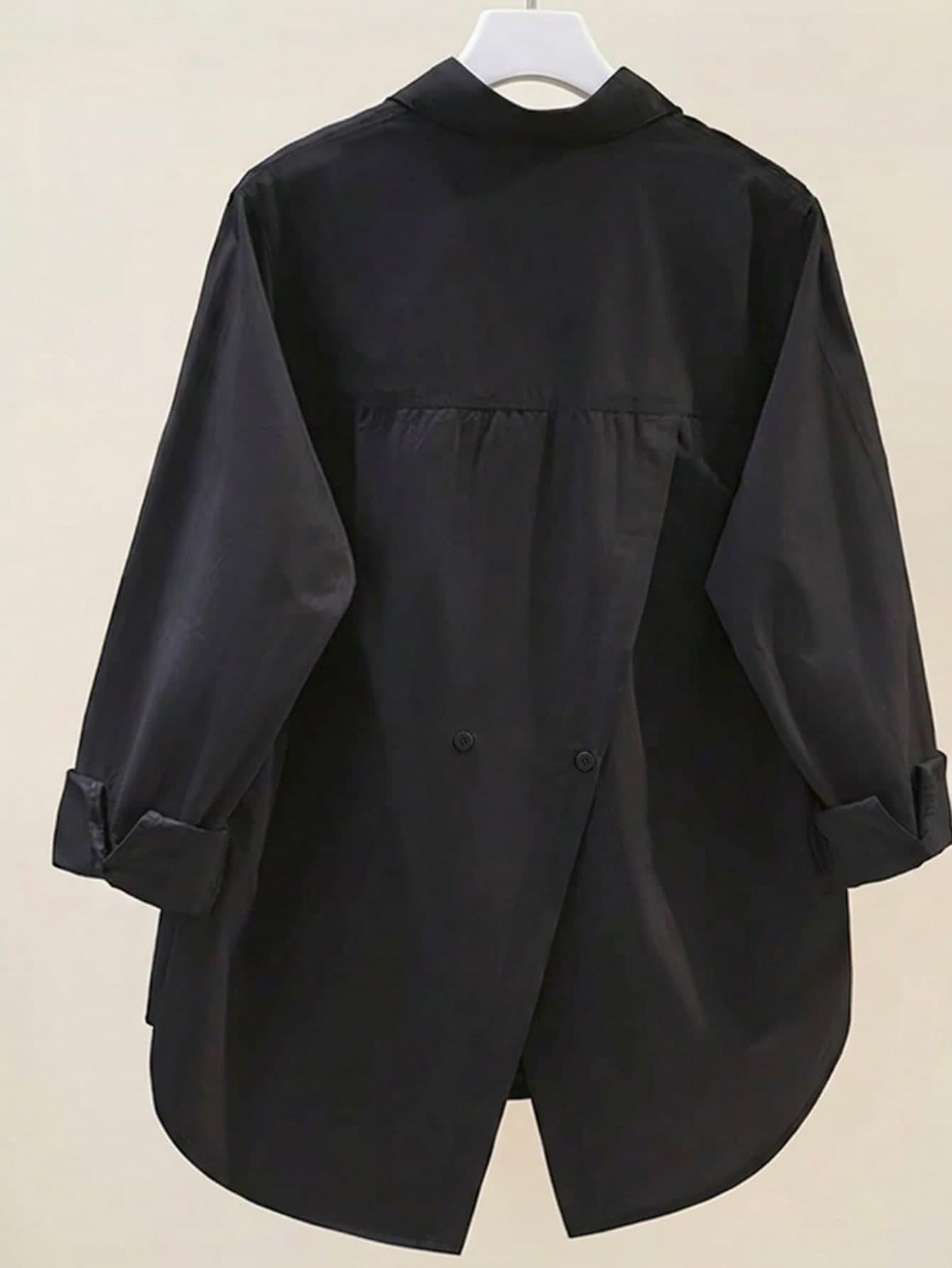 Women's Casual Loose Back Slit Design Turndown Collar Long Sleeve Shirt, Solid Color Woven Fabric, Front Button Slit Pocket, Elegant For Office & Daily Wear, Spring/Autumn Black