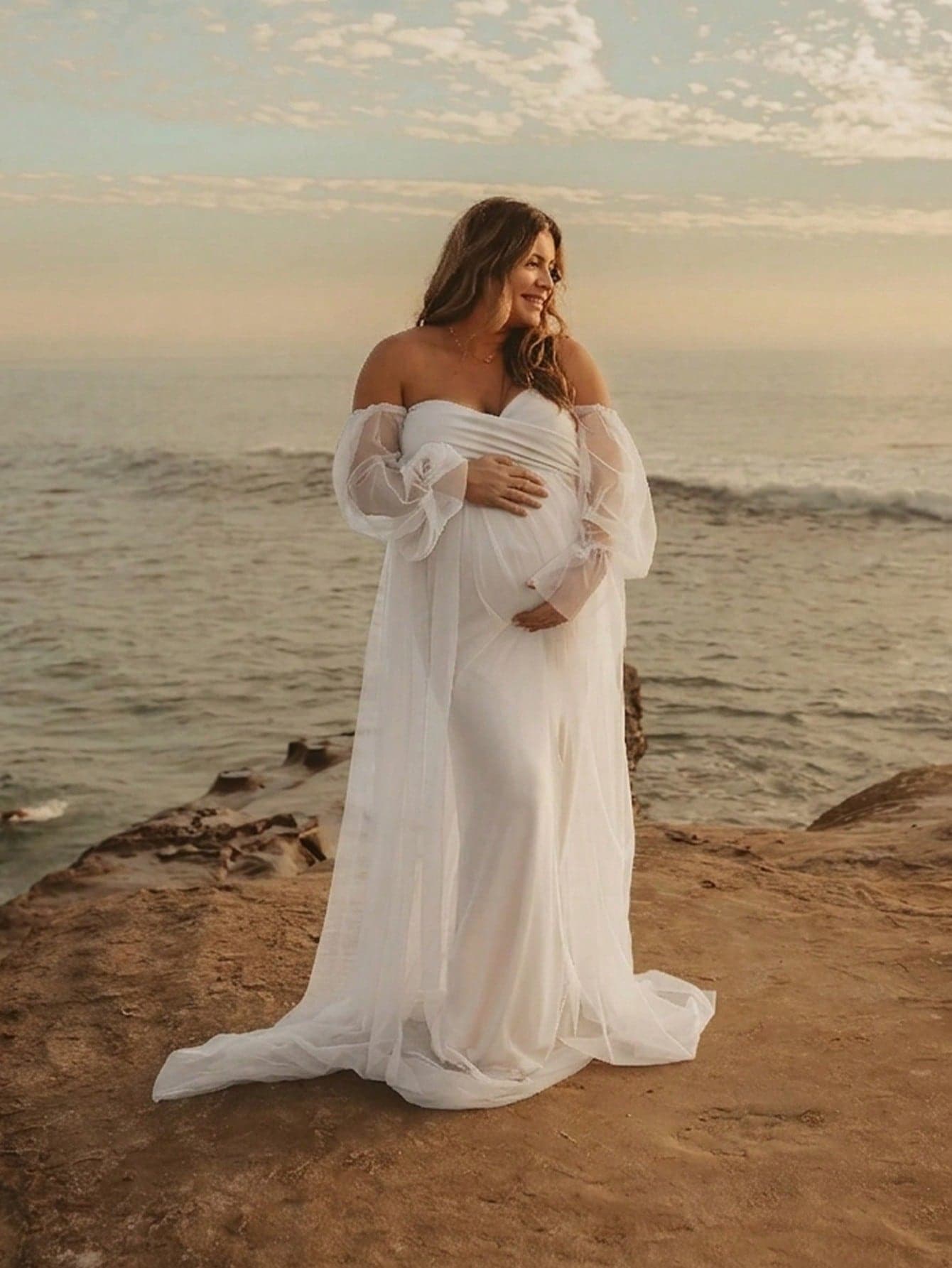 JustVH Maternity Chiffon Lantern Sleeve White Dress With Side Slit, Sexy Long Dress Suitable For Baby Shower Party, Photo Shoot Spring