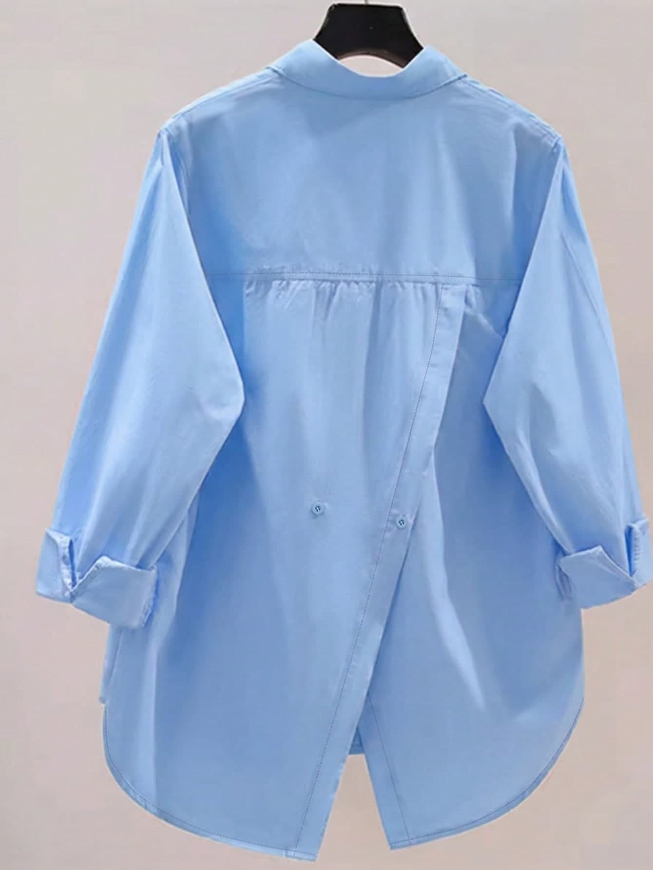 Women's Casual Loose Back Slit Design Turndown Collar Long Sleeve Shirt, Solid Color Woven Fabric, Front Button Slit Pocket, Elegant For Office & Daily Wear, Spring & Autumn