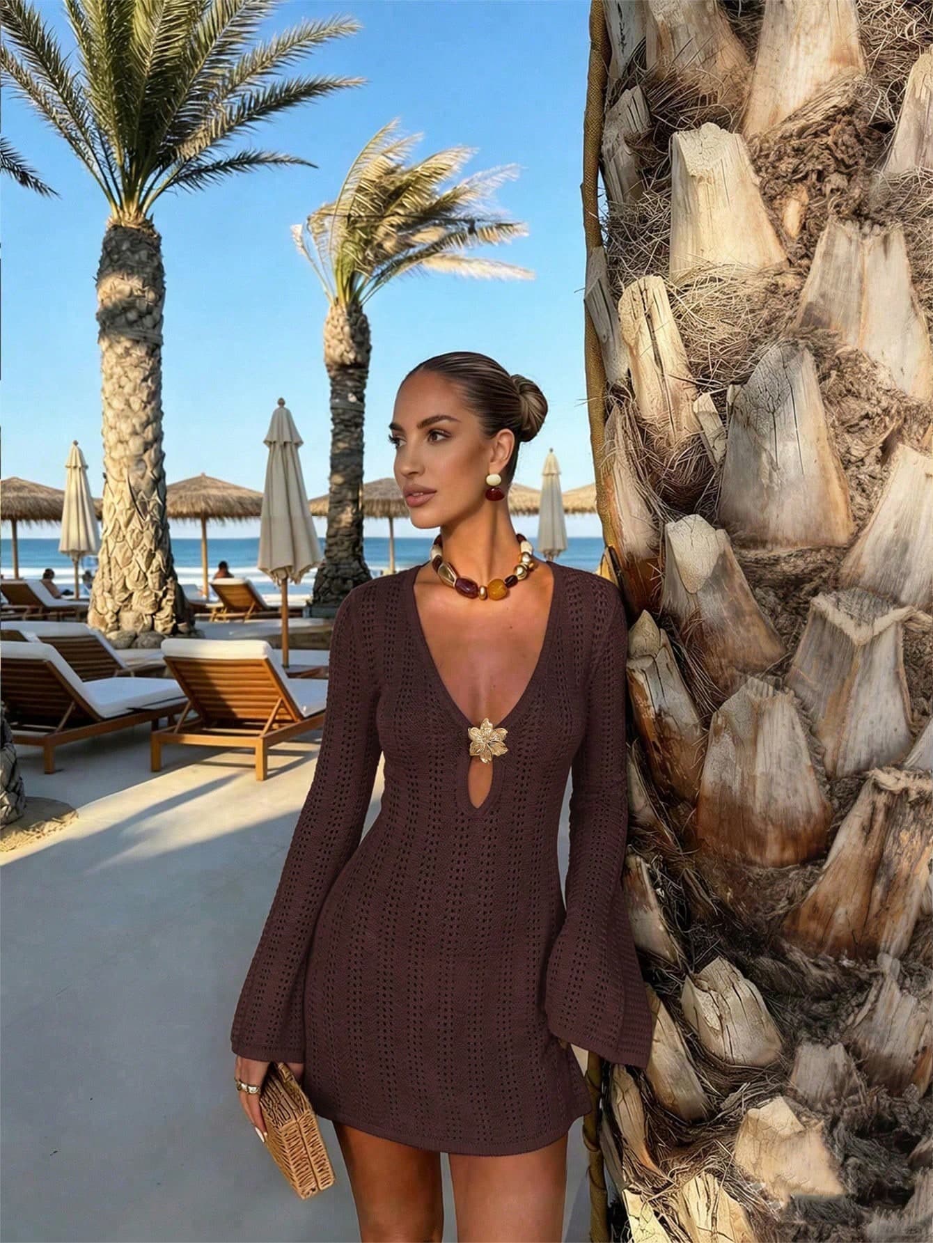 FOR BEAUTY New Women's Knit Dress, Summer Casual Vacation Style, Suitable For Summer Outdoor Activities, Brown Dress, Beach Dress Summer Dress
