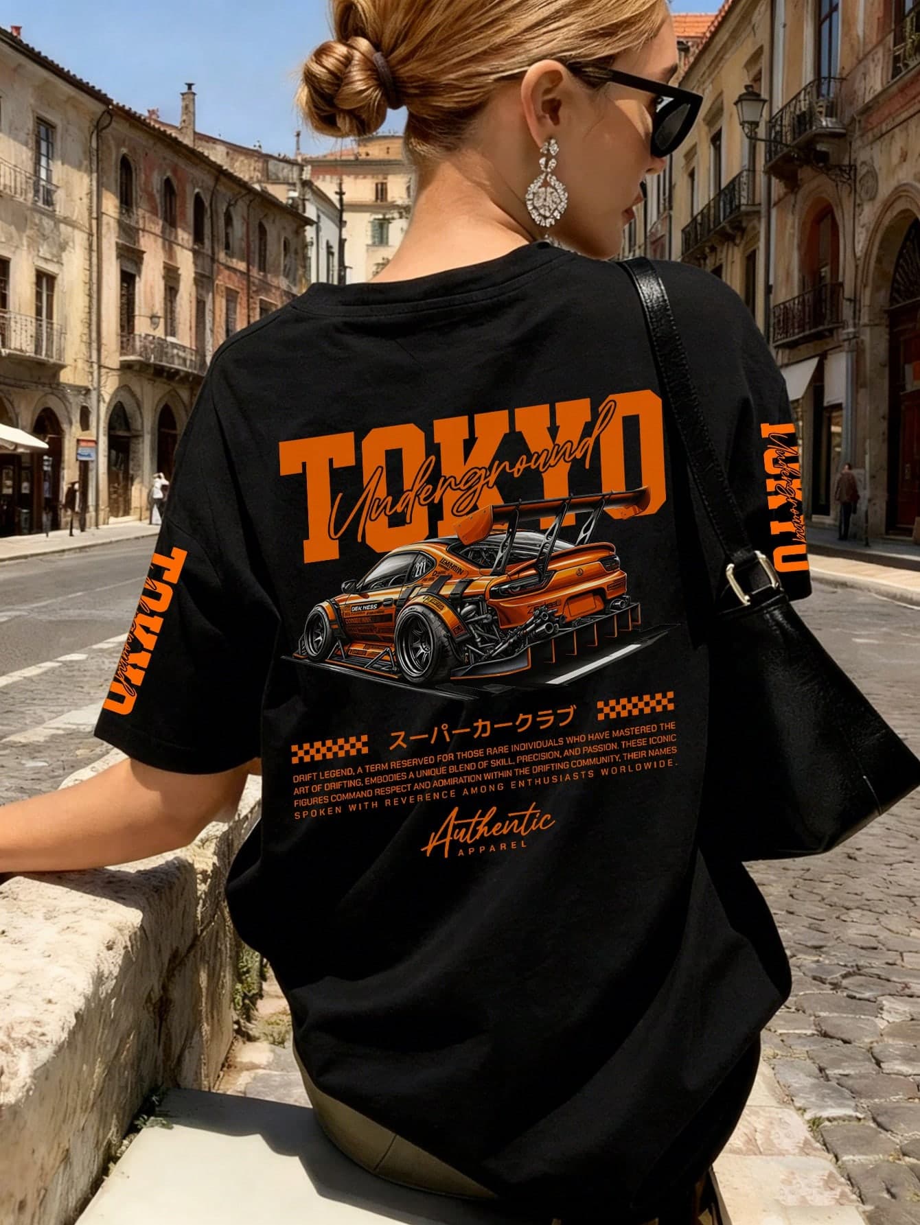 Black Short-Sleeve T-Shirt Featuring TOKYO And Racing Car Prints. Loose And Comfy, Ideal For Daily Looks And Vacations. Casual Summer