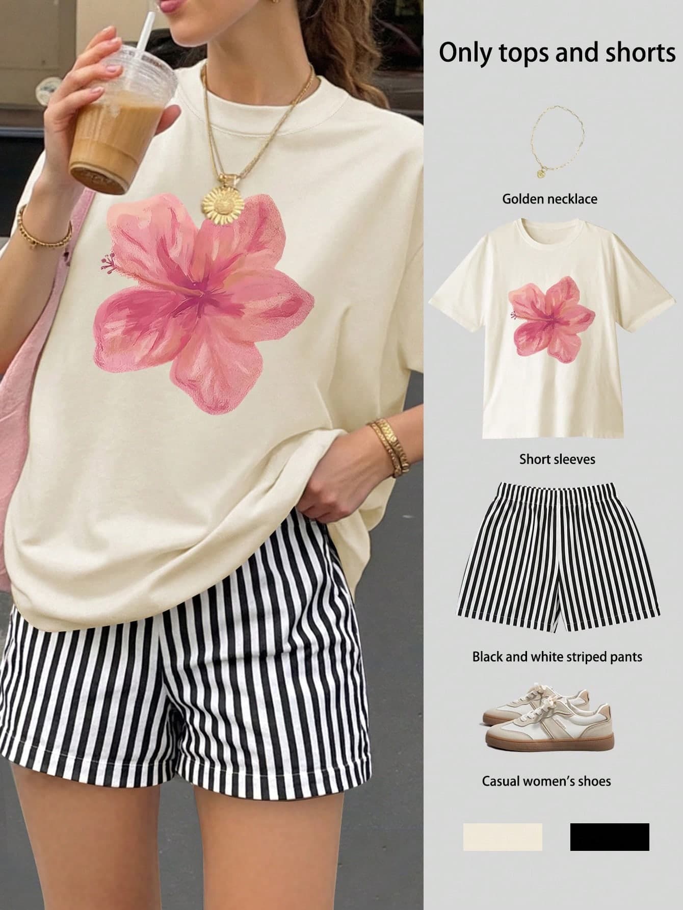 Women's Ditsy Floral Loose Short Sleeve Top And Striped Shorts Set, Women's Summer Casual Two Pieces Outfit, Mexico, Canada, Hawaii, Summer Outfits For Women Women's Clothing, Going Out Tops, Preppy Style