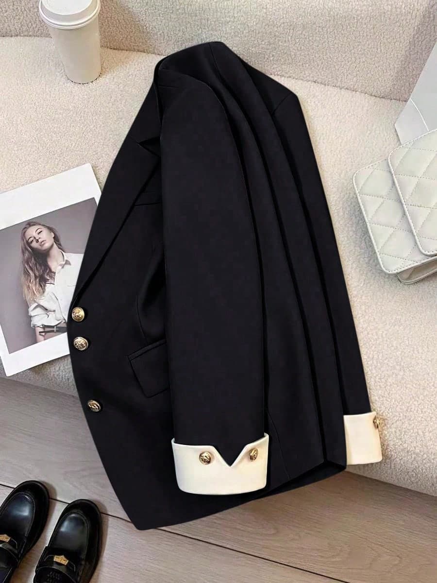 Plus Size Elegant Blazer Jacket, Casual Chic Button-Up Blazer Jacket For Plus Size Black