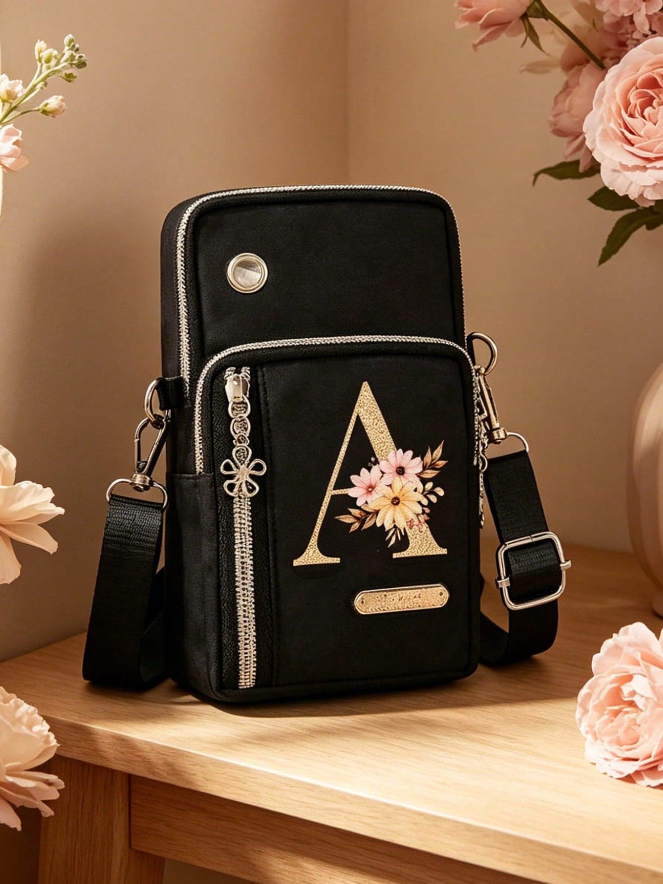 Black Crossbody Phone Storage Bag With 3 Small Gold Flowers And Letter Print, Fashionable Minimalist Versatile Mini Crossbody Bag, Vertical Style With Phone Pocket And Coin Purse, Suitable For Fashionable White-Collar, Students, Business, Work, School, Etc., Perfect Gift For Valentine's Day, New Year, Ramadan