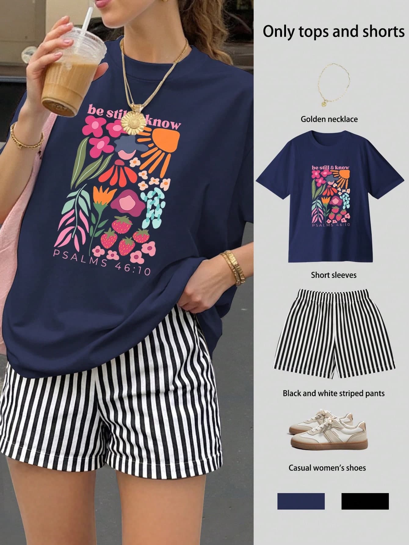 Be Stil & Know Printed Women's Loose Short Sleeve Top & Striped Shorts Set, Summer Top, Casual Women's Clothing, Vacation Outfit, Travel Wear, Beach Style, Minimalist Vacation Style, Summer Clothes, Women's Clothing, Women Outfits, Preppy Style