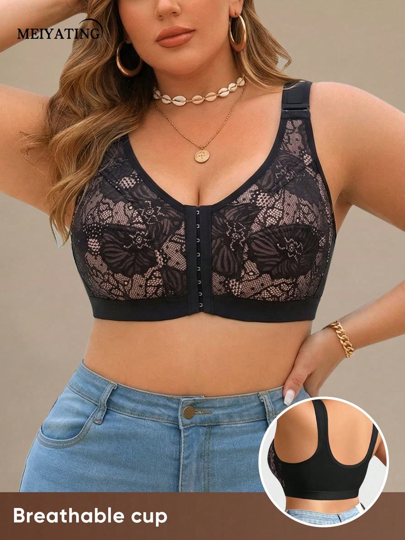MEIYATING Plus Size Women Front Closure Floral Lace Adjustable Strap Minimizer Wireless Bra