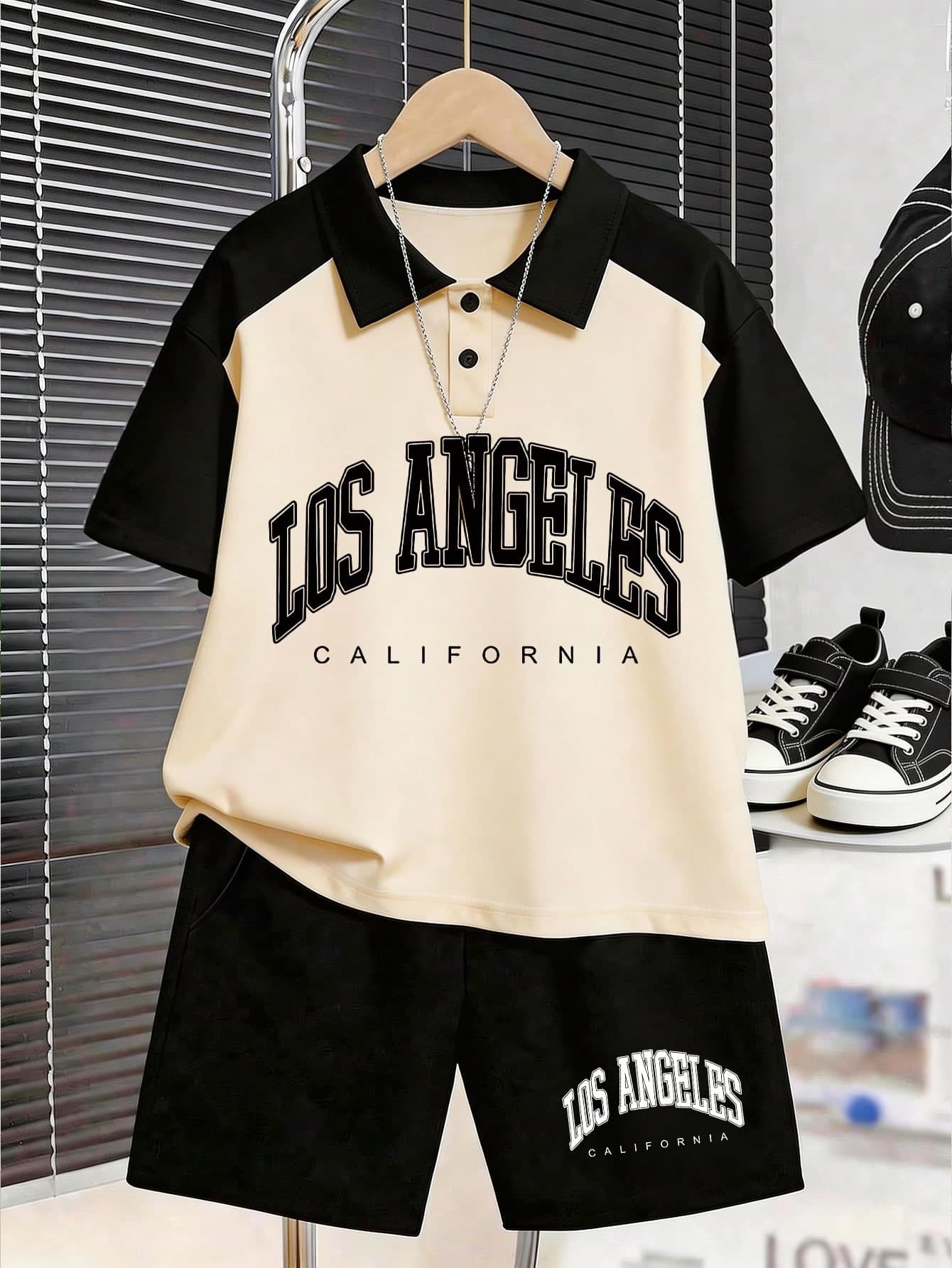 2pcs/Set Teenage Boys' Retro Los Angeles Letter Print Polo Shirt And Shorts, Spring/Summer Short Sleeve Top With Pants Set, Soft & Comfortable Fabric