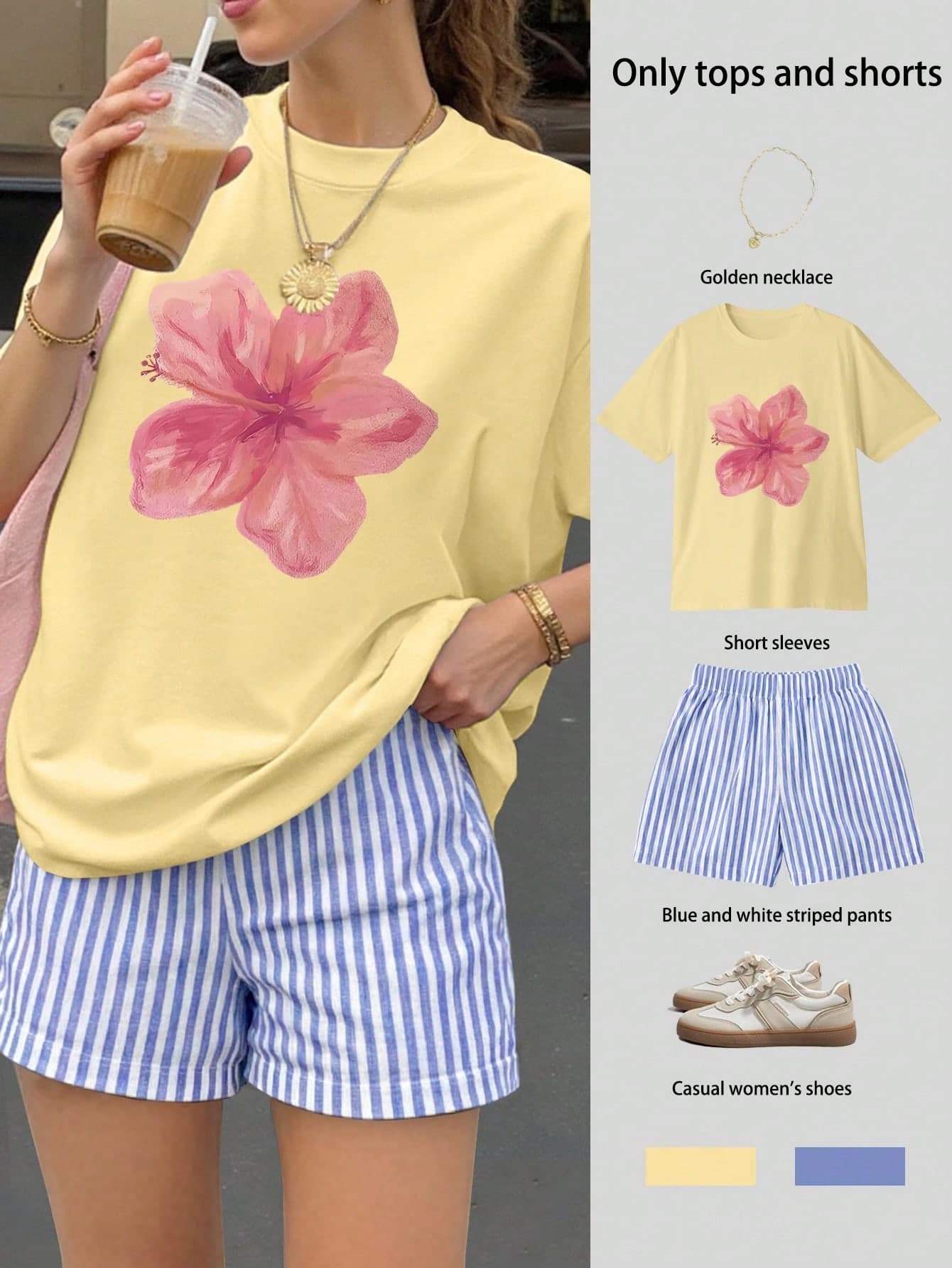 Women's Ditsy Floral Loose Short Sleeve Top & Striped Shorts Set, Women's Summer Casual 2-Piece Outfit, Mexico, Canada, Hawaii, Summer Outfits For Women Women's Clothing, Going Out Tops, Preppy Style