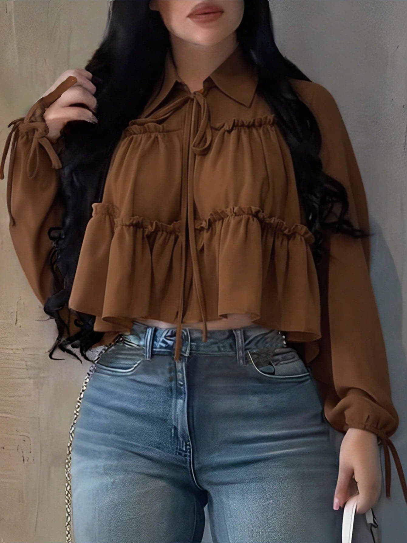 Women's Elegant Casual Shirt, Asymmetric Design, Lapel Tie Lantern Sleeve Loose Shirt, Solid Color Woven Fabric Pleated Hem, Elegant For Daily, Date, Vacation, Spring/Summer
