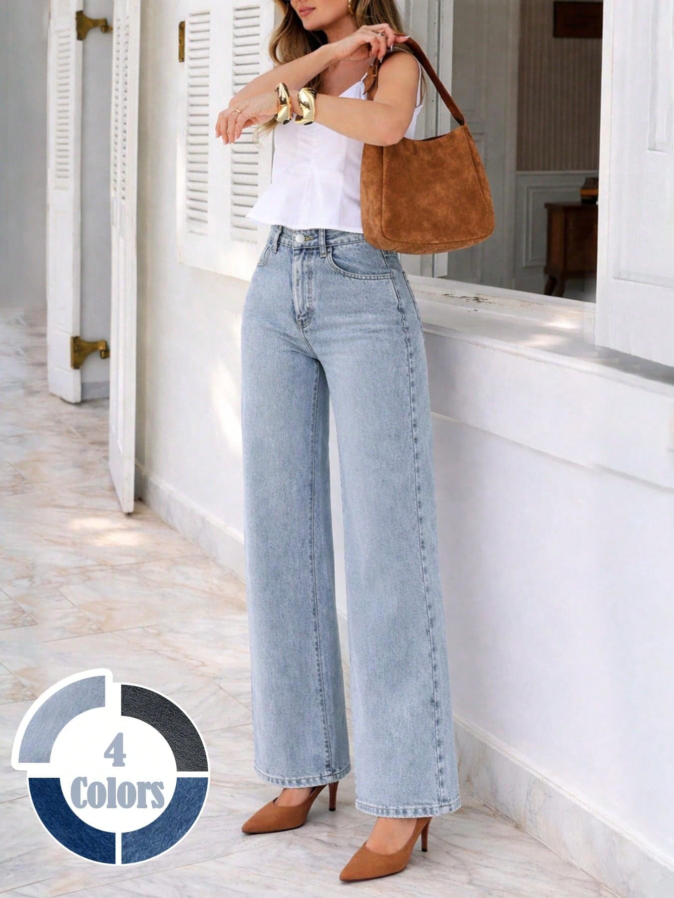 Women's Light Blue Loose Elastic Wide-Leg Jeans, Versatile For Vacation, Commute And Daily Wear Casual