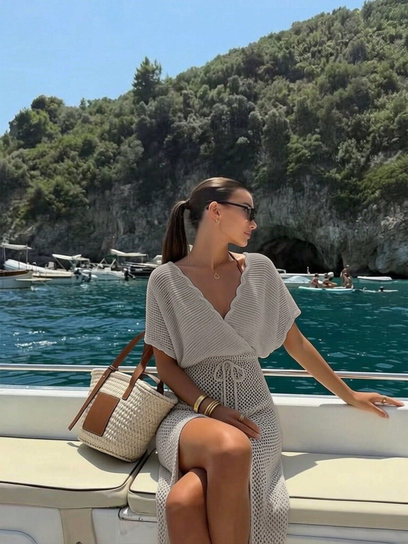 Women's Comfortable Casual Elegant Sexy Urban Lady Solid Color Cute Casual Elegant Retro Knitted Twist Hollow V-Neck Short Sleeve Dress Coverup, Beach Resort Daily Travel Summer Dress, Spring/Summer Vacation