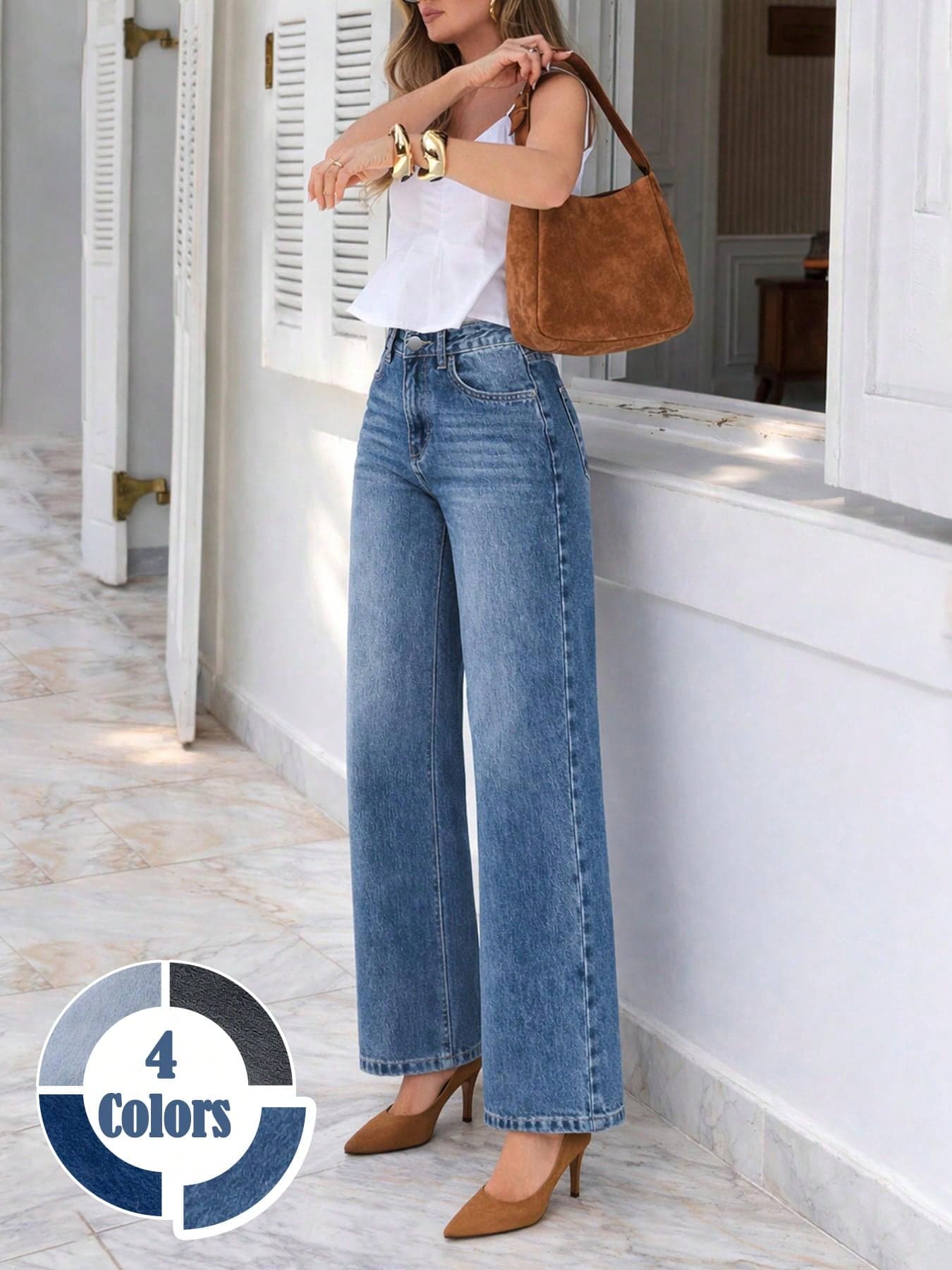 Women's Loose Stretch Washed Blue Wide Leg Jeans, Versatile For Commuting And Everyday Wear, All Season Casual Spring