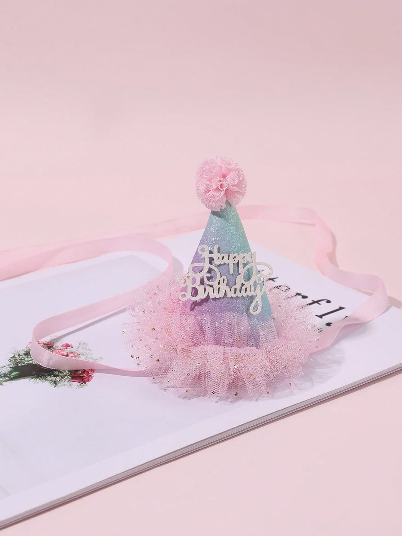 1pc Girl's Birthday Party Ombre Rainbow 3D Sequin Headband, Pink Tulle "Happy Birthday" 3D Letter Hair Accessory, Suitable For Birthday Celebration