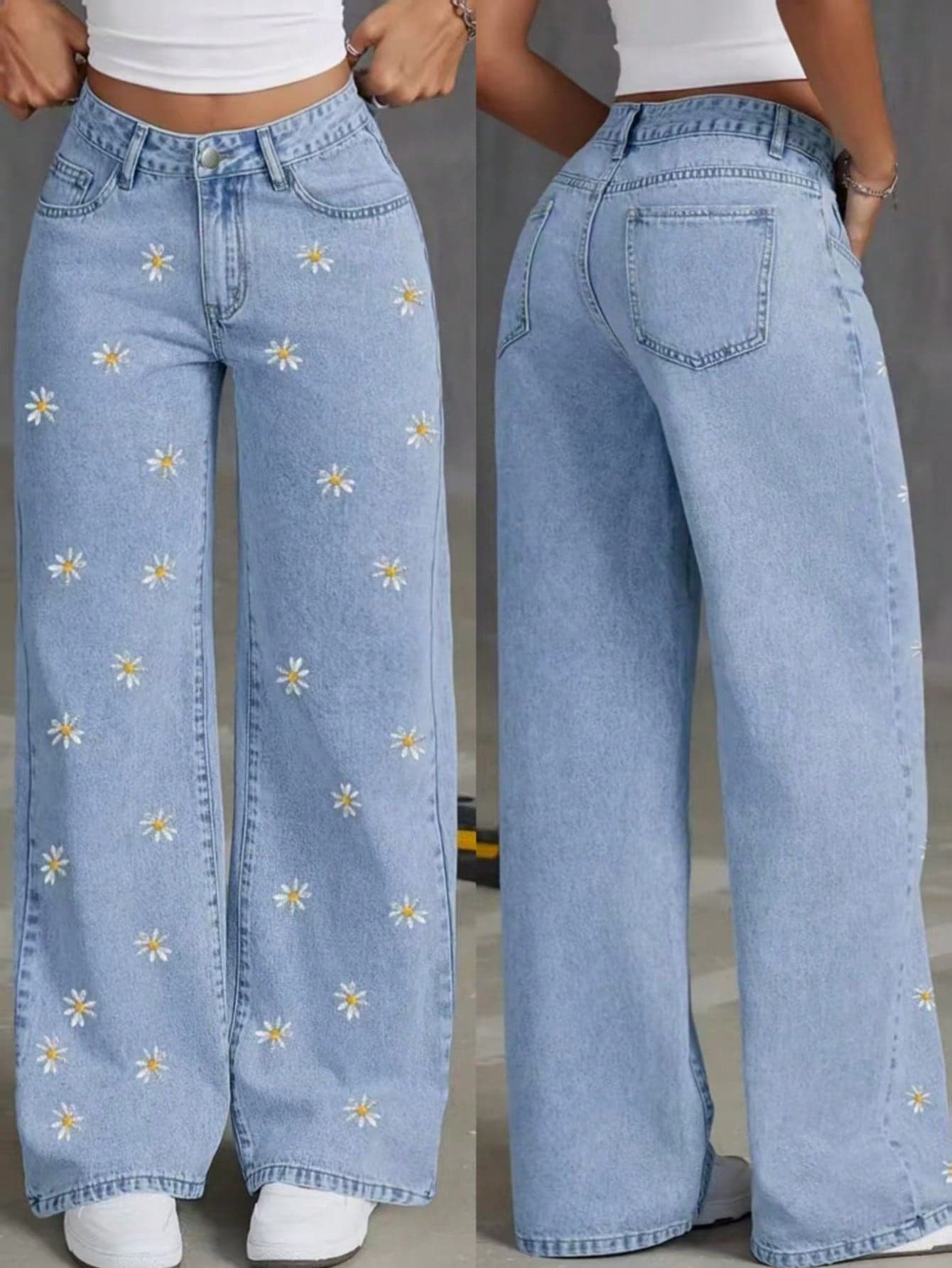 Women's Summer Daisy Embroidered Wide Leg Jeans Casual Spring