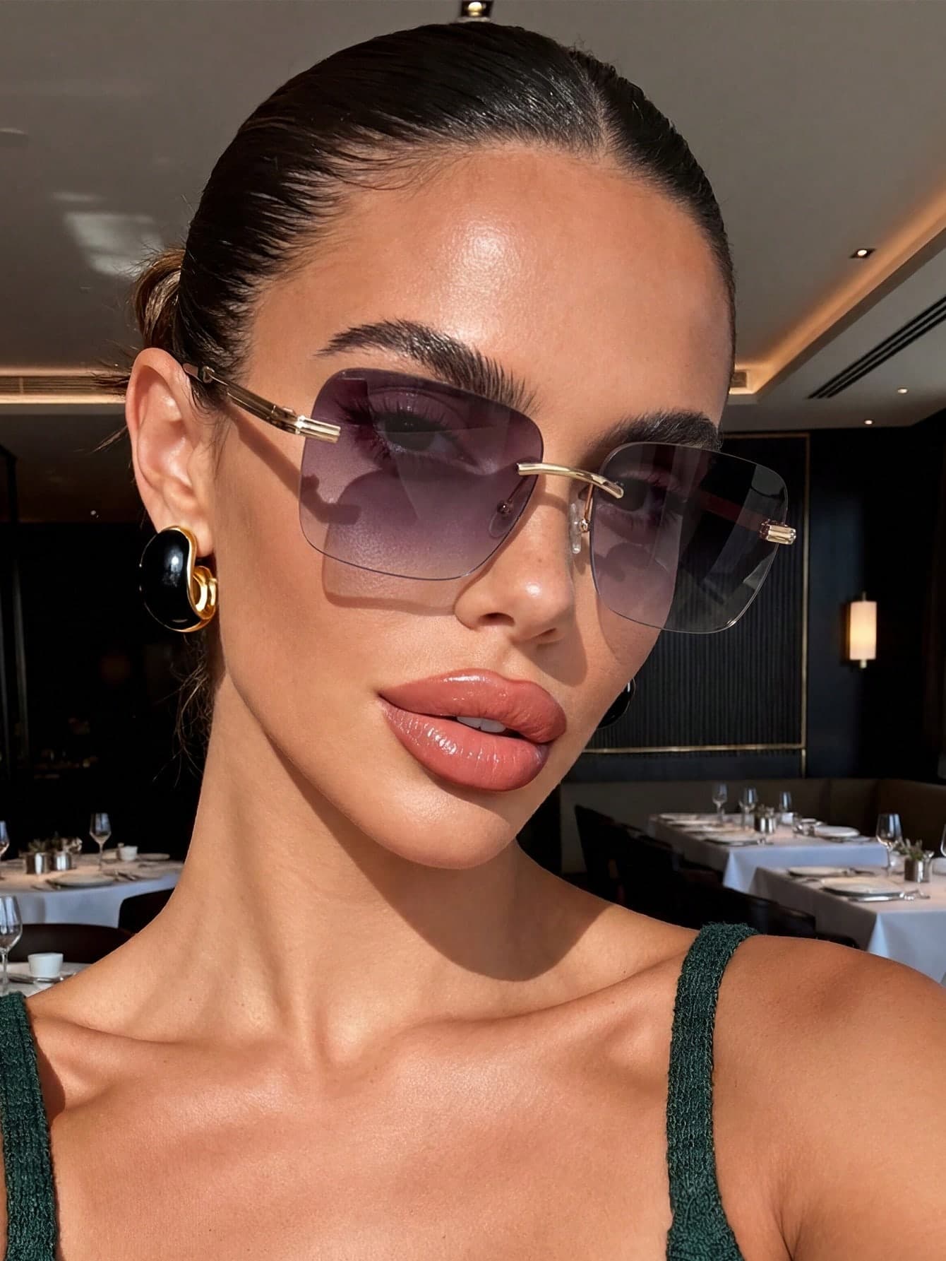 1 Pair Women's Square Rimless Purple Retro Sunglasses, Suitable For Elegant Outfits, Street Style Accessories, Sports, Parties, Outdoor Activities, Vacations